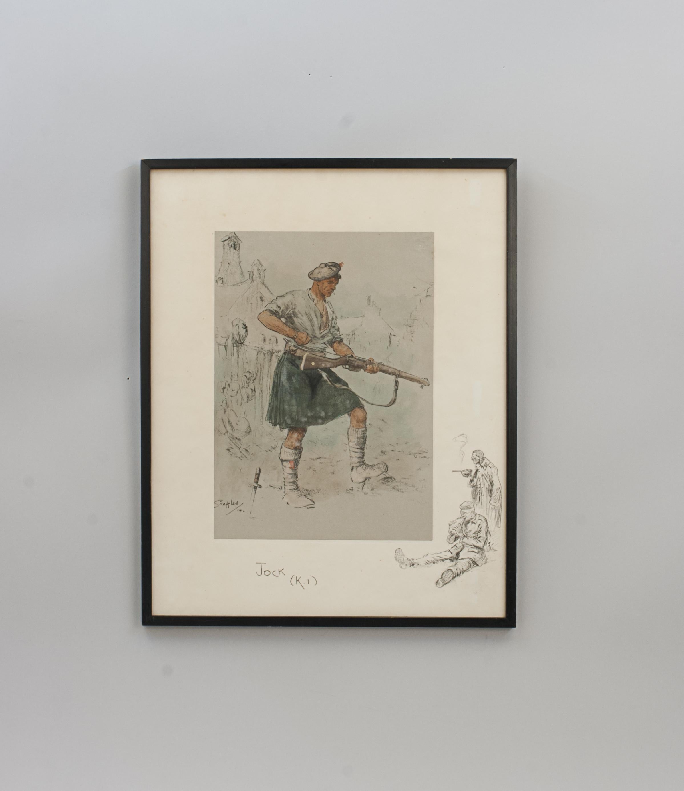 Vintage Snaffles 'Jock' (K.I.) WWI Military Print.
A hand coloured Snaffles lithograph entitled Jock (K.I). The picture shows a Kilted Infantryman standing amongst ruins, his bayonet in the ground, cleaning his riffle. In the right hand margin is a