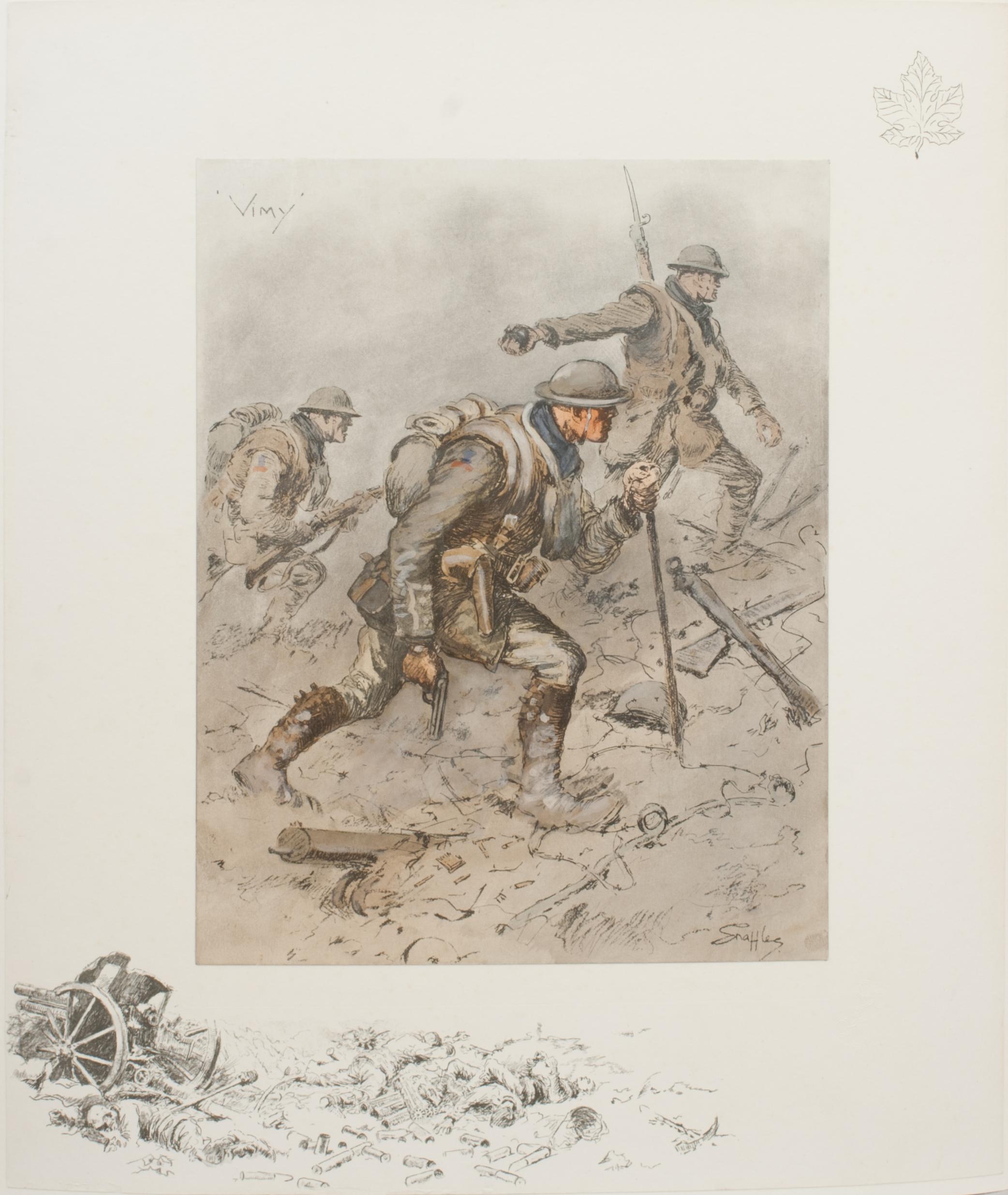 Vintage Snaffles First World War Print, Vimy.
A good Snaffles WWI military print 'Vimy'. The main center colour-piece hand coloured lithograph is mounted onto the printed remarque board. The Snaffles picture shows an officer leading an advance from
