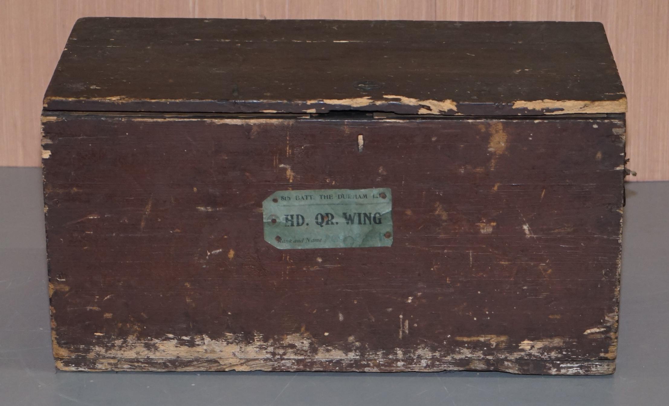 We are delighted to this stunning small Military Campaign Chest with the original label that states 8th Battalion The Durham HD GR wing

The label has the privates name on which is very faded, this is a Campaign used WW2 piece

The condition is