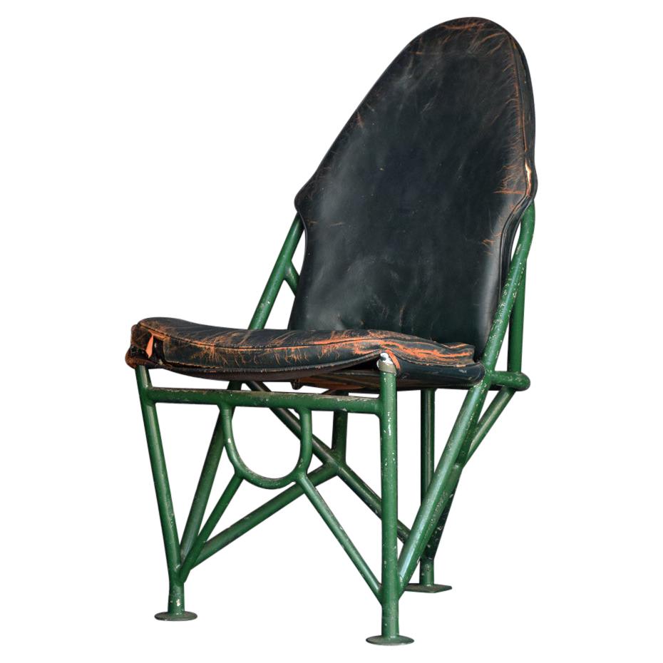WW2 English Green Leather and Metal Bomber Aircraft Flight Chair