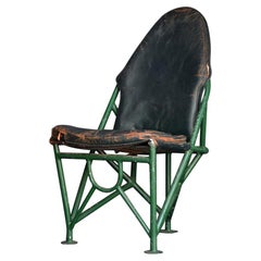 Vintage WW2 English Green Leather and Metal Bomber Aircraft Flight Chair