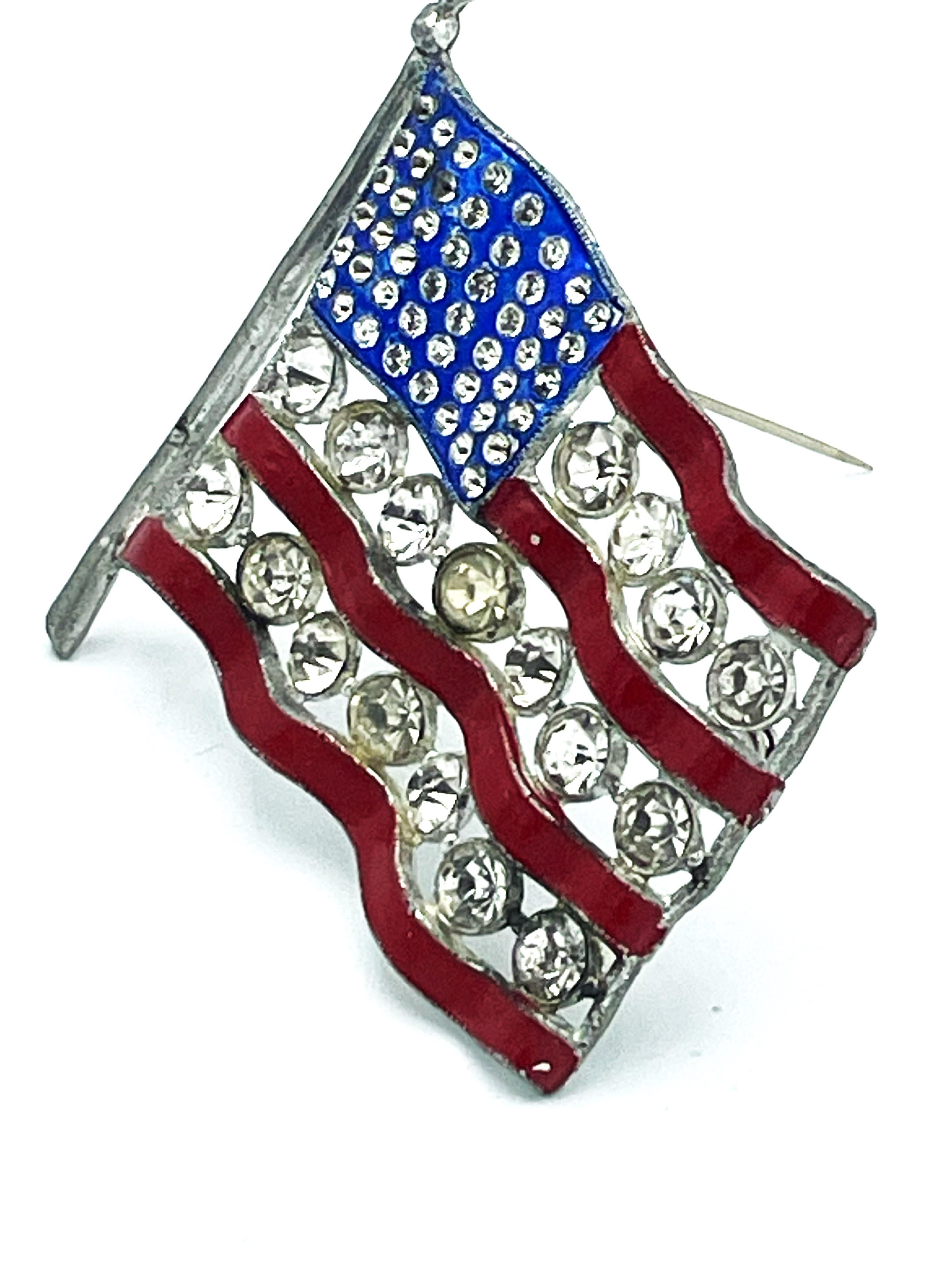Women's or Men's WW2 US Patriotic Flag brooch, enamel and red and blue rhinestones, 1940s For Sale