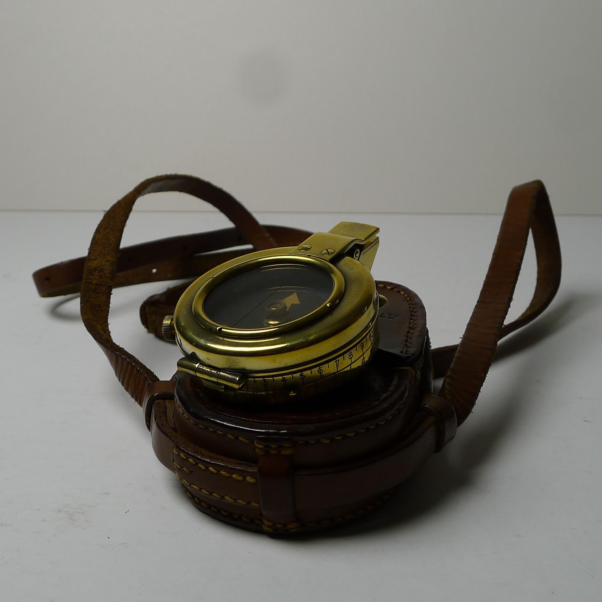 An excellent example of a First World War military compass. It is fully functioning, has a brass case and is mounted with lanyard ring. The glass face and numbered brass outer ring are perfectly intact. The rear of the case is stamped with war