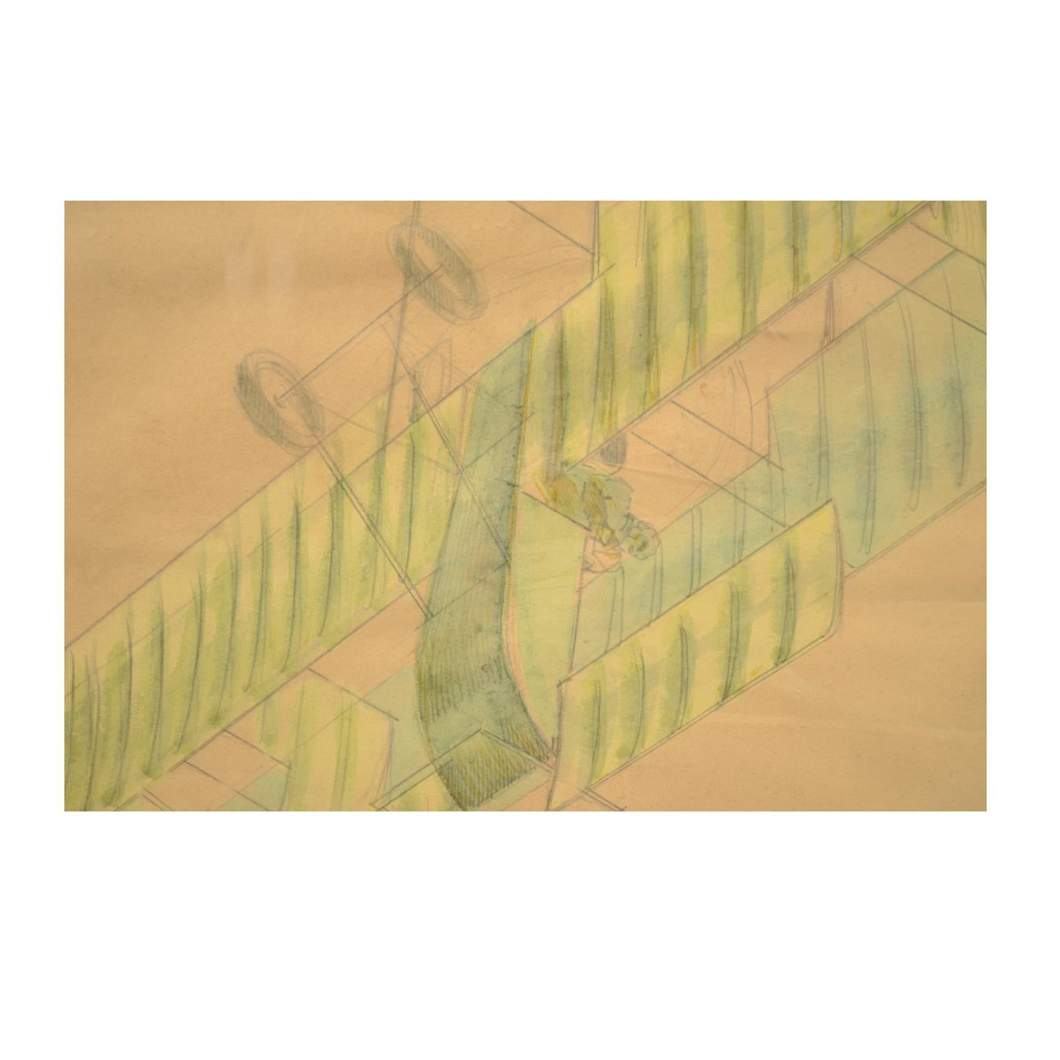 Paper WWI Antique Aircraft Water-Color and Pastel Drawing by Riccardo Cavigioli For Sale
