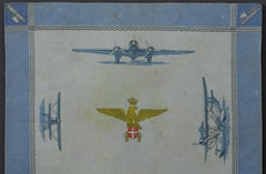 Mouchoir en soie bleu italien de l'entre-deux-guerres avec des avions:: vers les années 1930