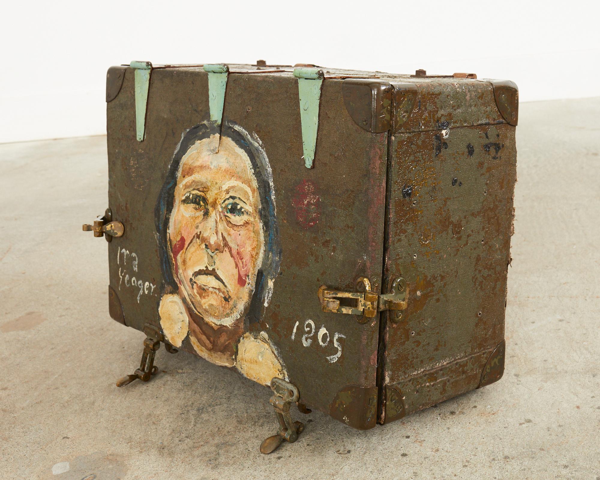 Folk Art WWI Era Military Trunk Painted by Artist Ira Yeager For Sale