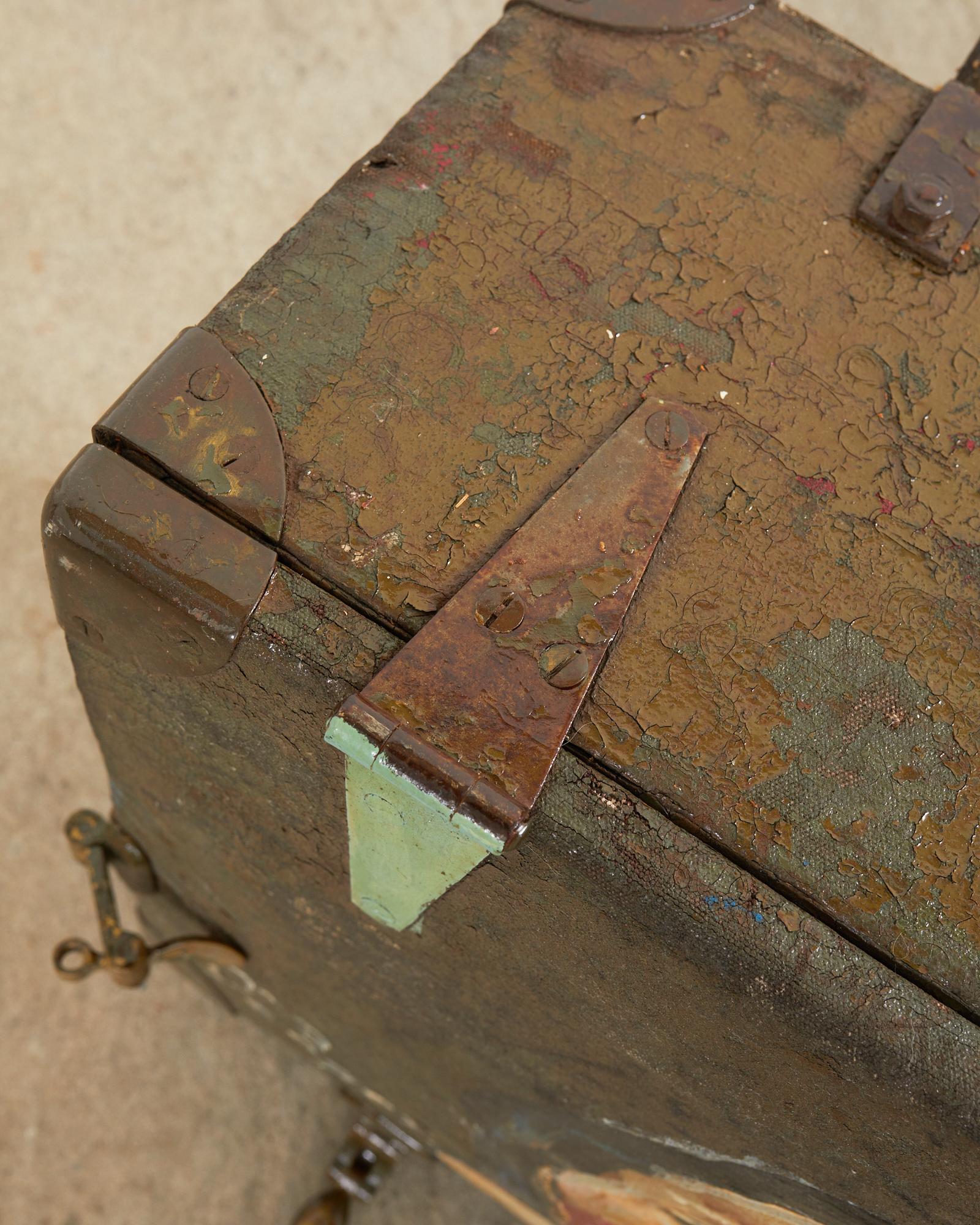 WWI Era Military Trunk Painted by Artist Ira Yeager In Distressed Condition For Sale In Rio Vista, CA