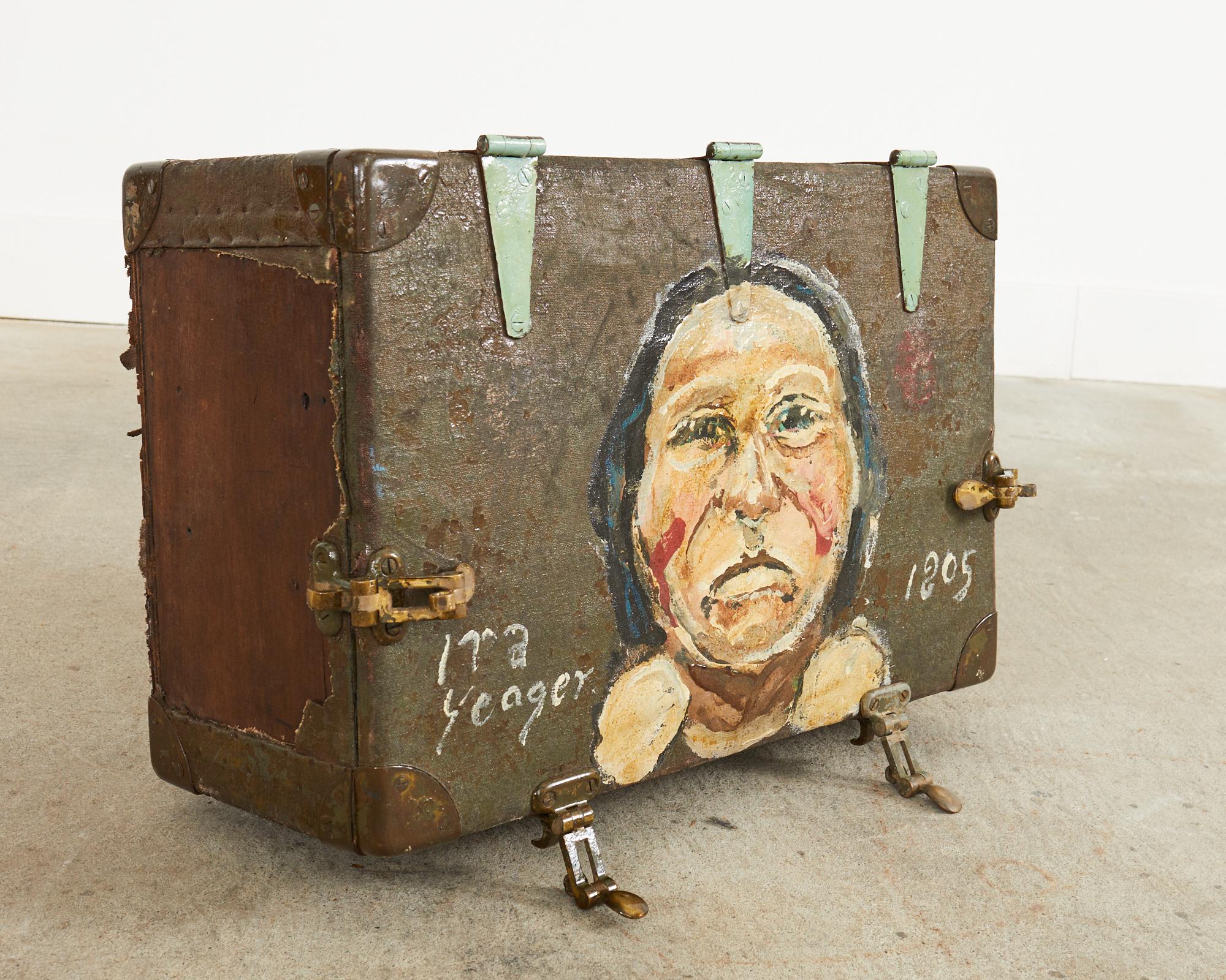 Brass WWI Era Military Trunk Painted by Artist Ira Yeager For Sale