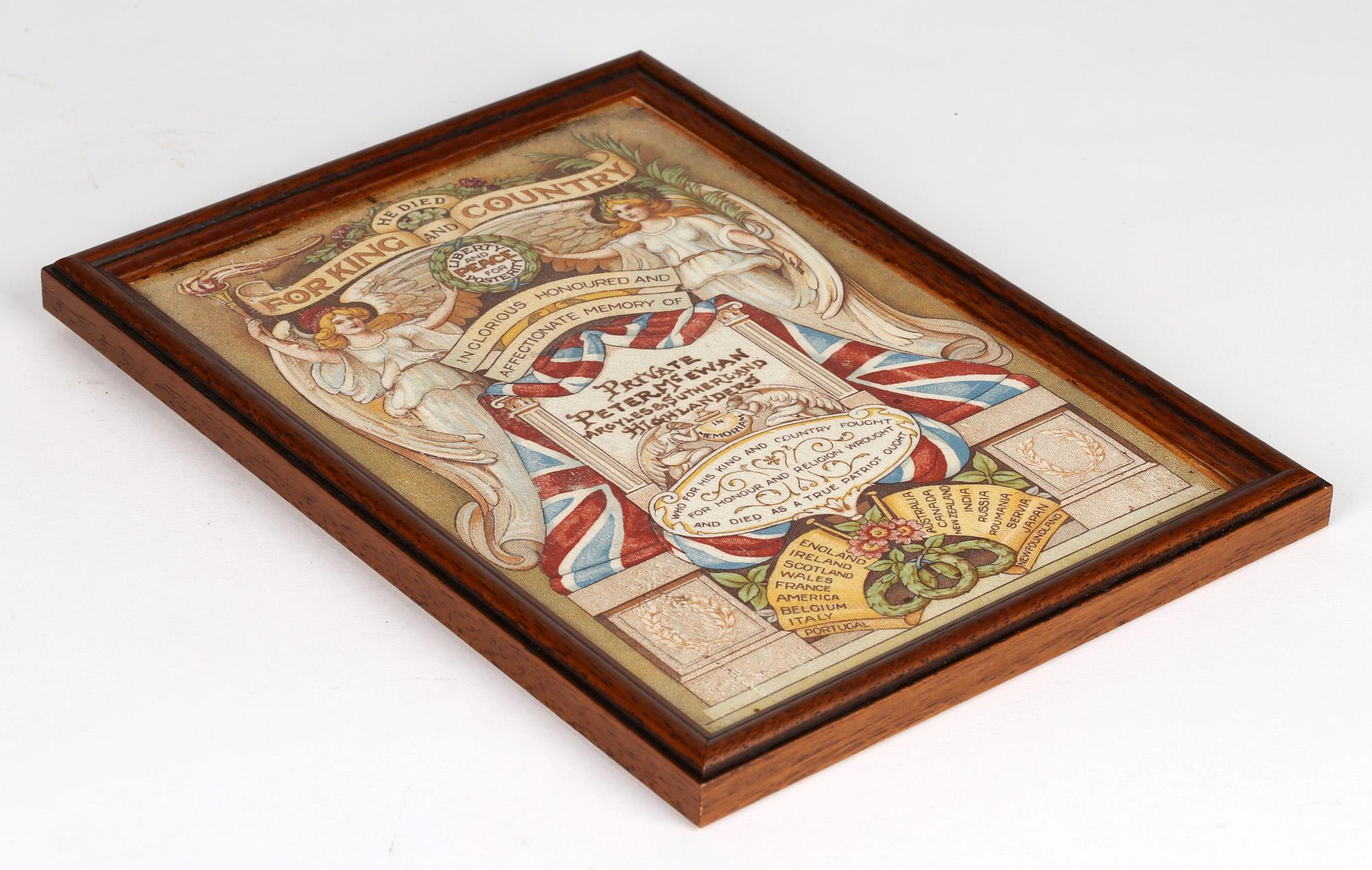 WWI Framed Memorial Death Tile 1917 Argyll & Sutherland Highlanders For Sale 6