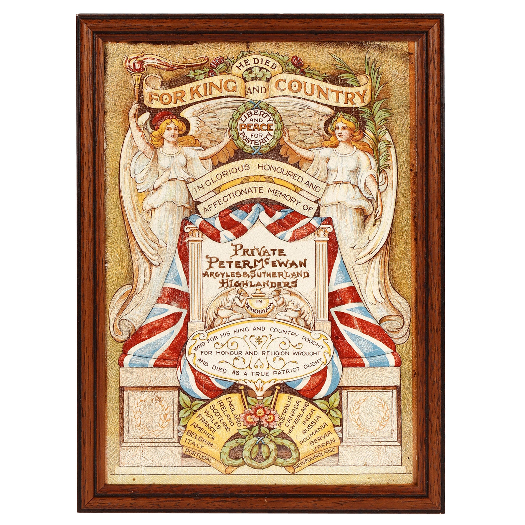 WWI Framed Memorial Death Tile 1917 Argyll & Sutherland Highlanders For Sale