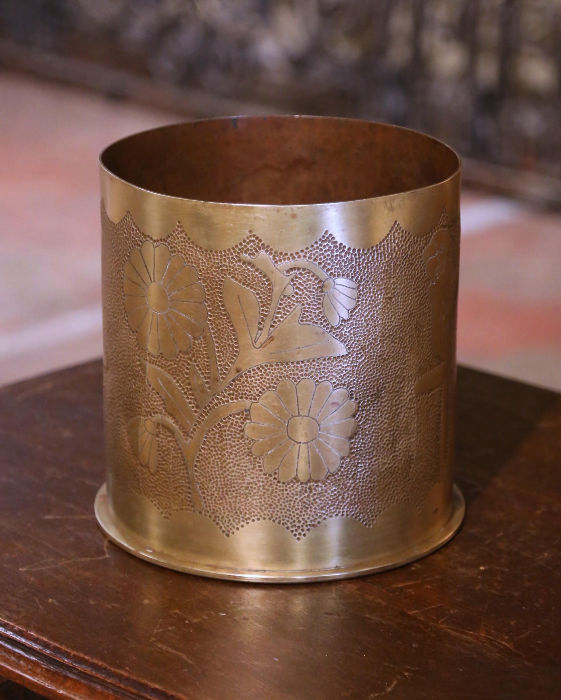 Patinated WWI German Trench Artillery Brass Shell Casing with Engraved Foliage Motifs For Sale