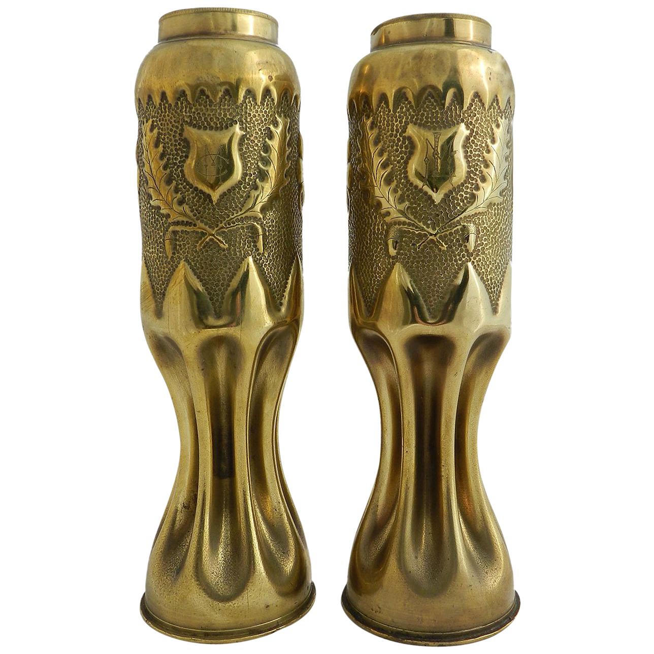 WWI Pair of Brass Shell Case Vases Trench Art