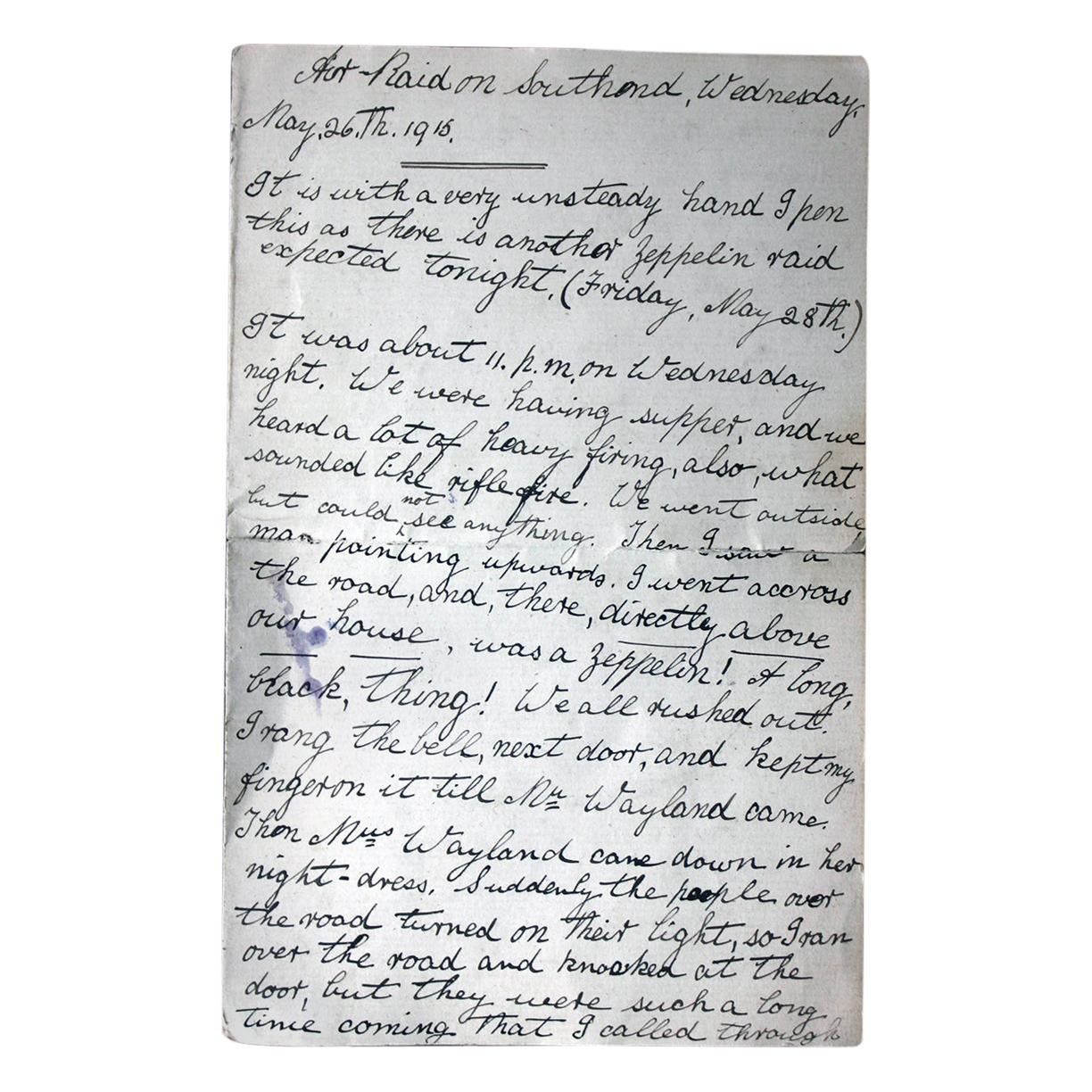 WWI Period Hand-Written Account of May 26th 1916; Relating to Zeppelin Air-Raid For Sale