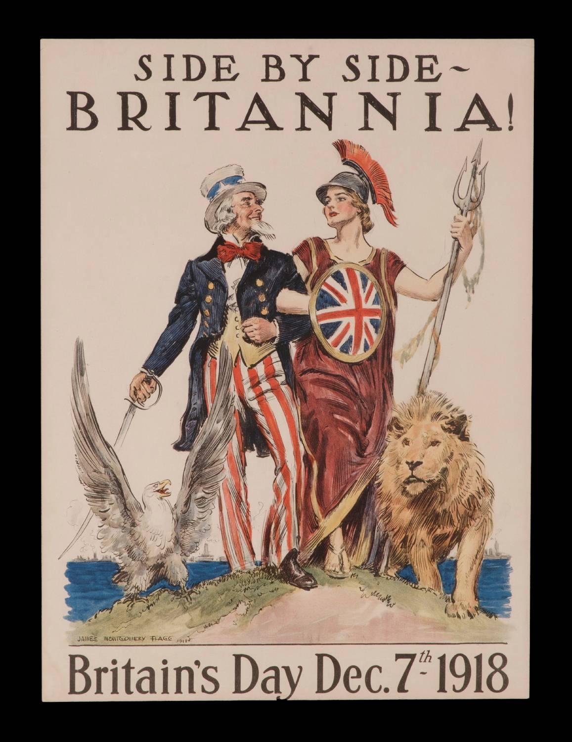 WWI poster featuring Uncle Sam and Lady Britannia, arm-in-arm, accompanied by the American eagle and British lion, illustrated by James Montgomery Flagg to commemorate Britain’s day, Dec. 7th, 1918:

Beautiful WWI poster with artwork rendered by