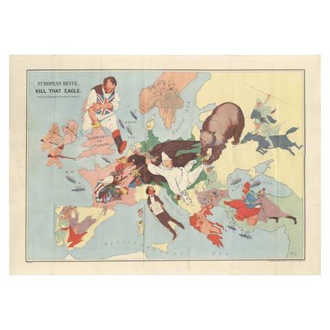 WWI Satirical Cartoon Map: 'Kill That Eagle' by J.H. Amschewitz, 1914