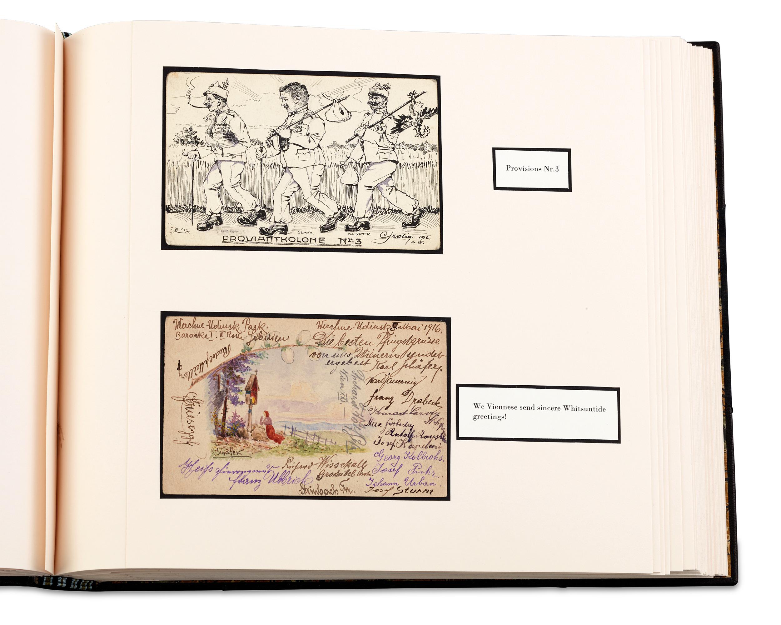 Livre d'art des tranchées de la Première Guerre mondiale
Créée par des soldats allemands et austro-hongrois
Vers 1914-1918

Cette rare collection de soixante-quatorze cartes postales de l'art des tranchées offre un aperçu historique et