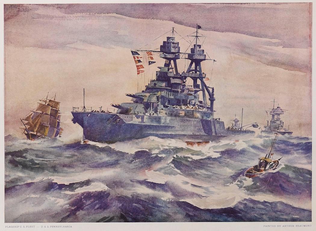 Presented is a WWI-era U.S. navy recruitment poster, advertising the benefits of enlisting. A painting originally done by Arthur Beaumont adorns the center of the poster depicting four ships and one small boat afloat turbulent waters. Just above the