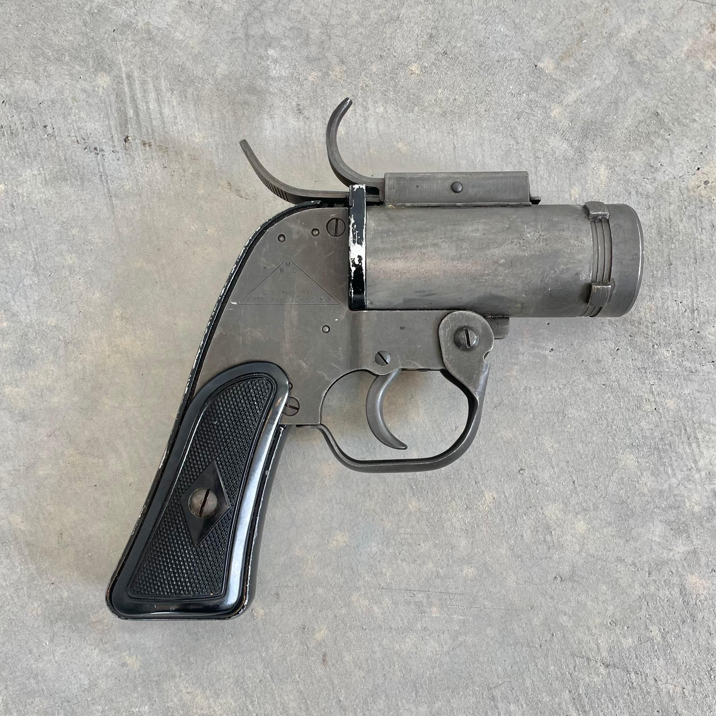 World War II AN-M8 flare gun used by American B-17 Bomber crews. These were used when returning from missions and raids to signal to landing crews on airfields or aircraft carriers wether they had injured persons on board. The pistol would be loaded