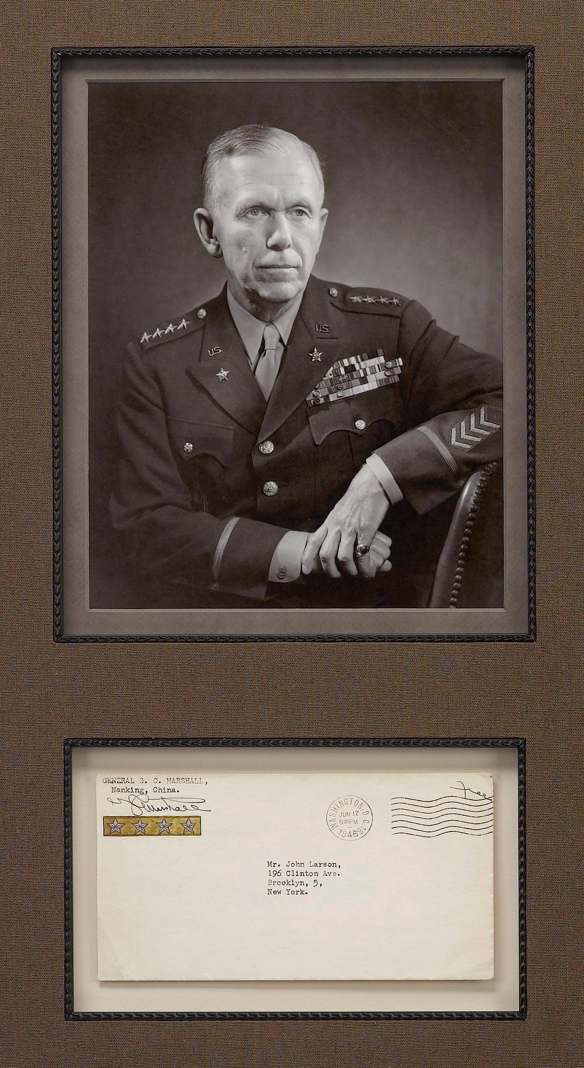This is a collage featuring signatures of all of the American five star generals. The collage includes signed and inscribed photographs by Omar Bradley, Henry H. Arnold, and Douglas MacArthur, a signed free frank envelope by George C. Marshall, and