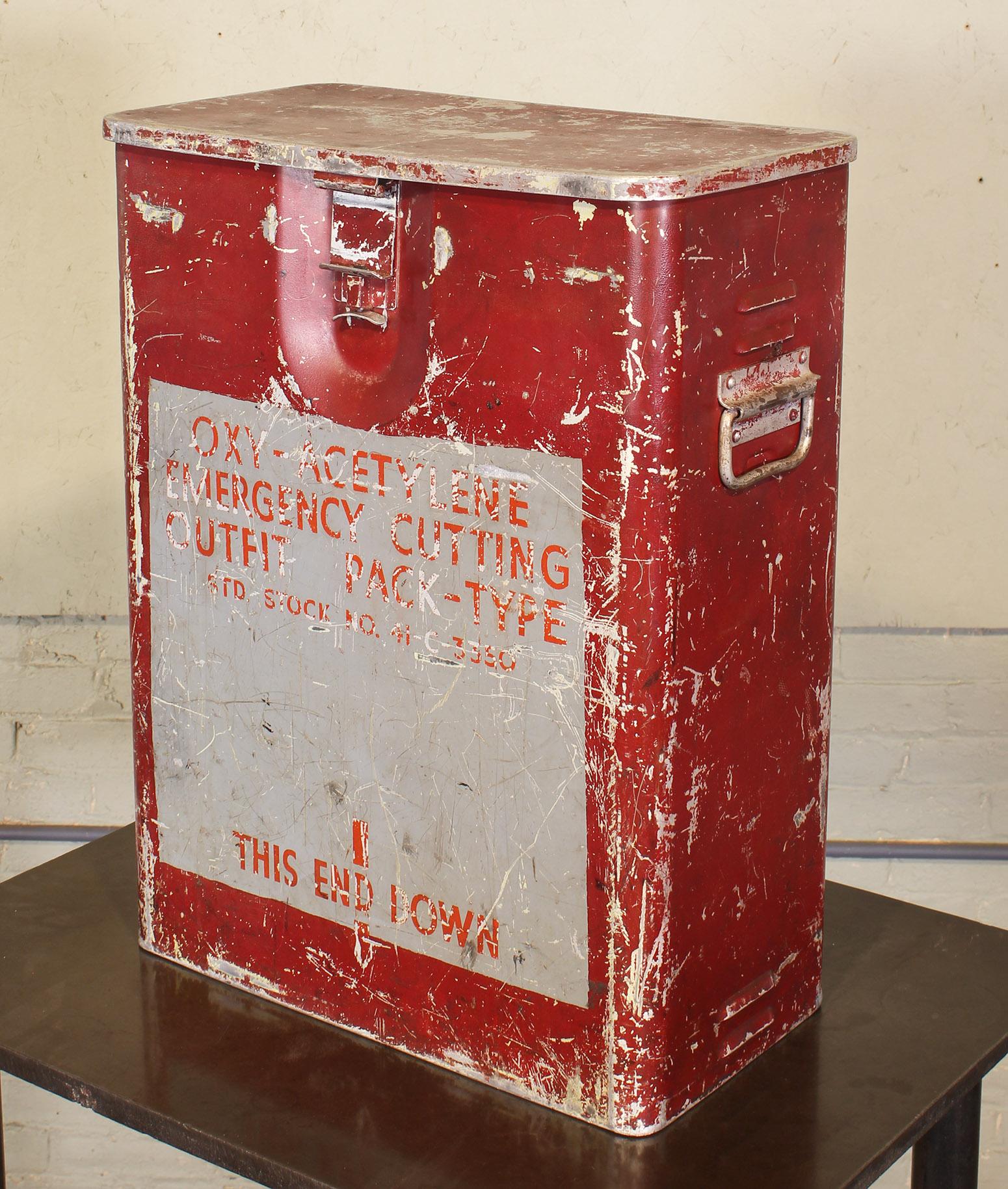 WWII era vintage military - Navy oxy-acetylene emergency cutting outfit metal box / storage container. This would have been on an aircraft carrier during the 1940s. Instructions for use are underneath the lid. Overall dimensions are 18 1/2