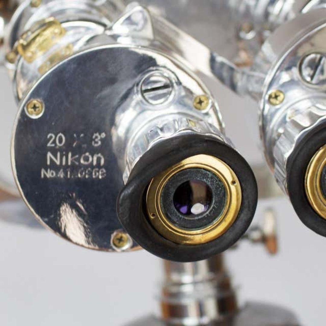 Aluminum WWII Nikon Binoculars on Carl Zeiss Silver Polished tripod For Sale