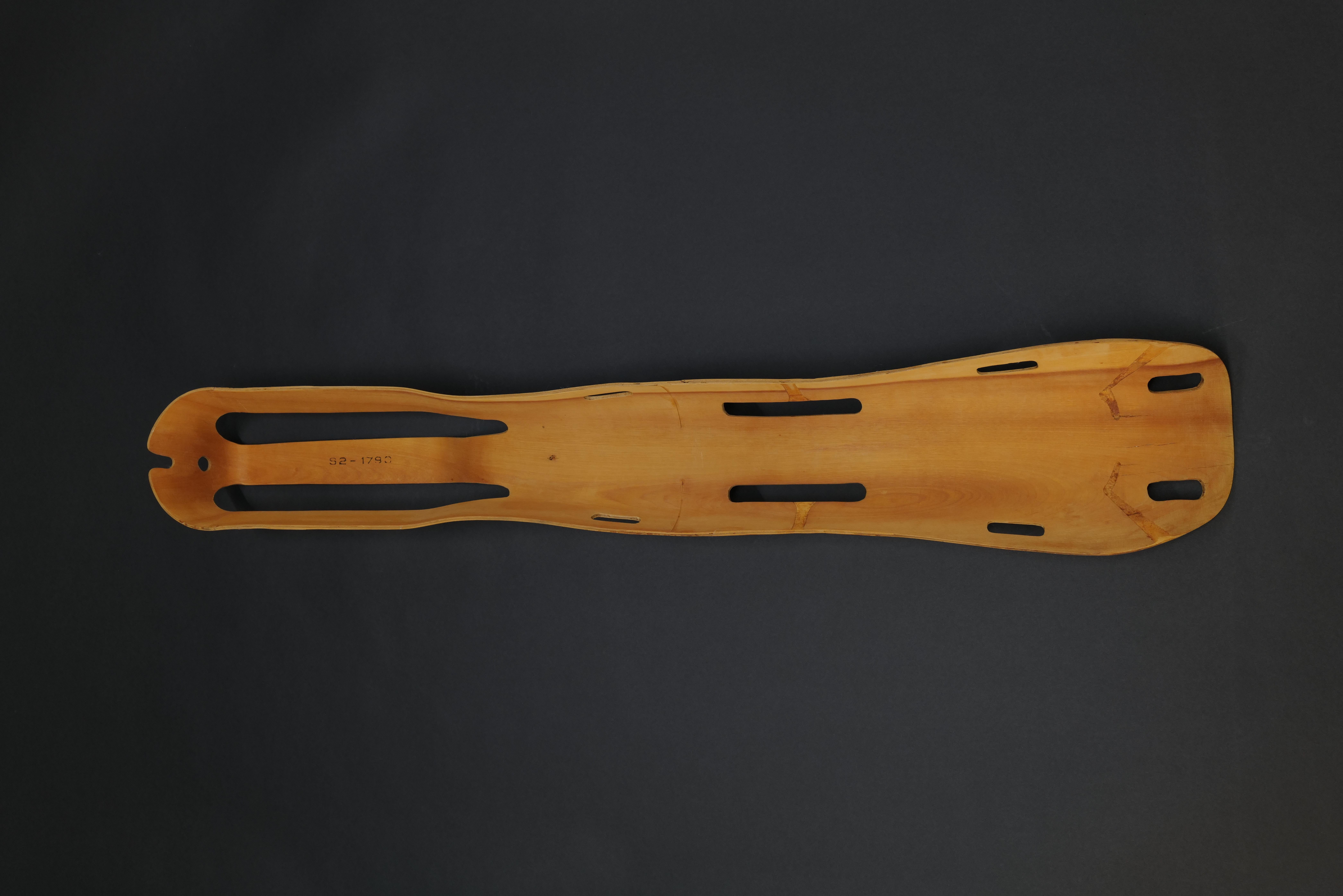 The WWII molded plywood leg splint, designed by Charles Eames and manufactured by Evans Mfg., is a pioneering example of functional design and innovative use of materials. Created in 1942, this leg splint was developed in response to the U.S. Navy's