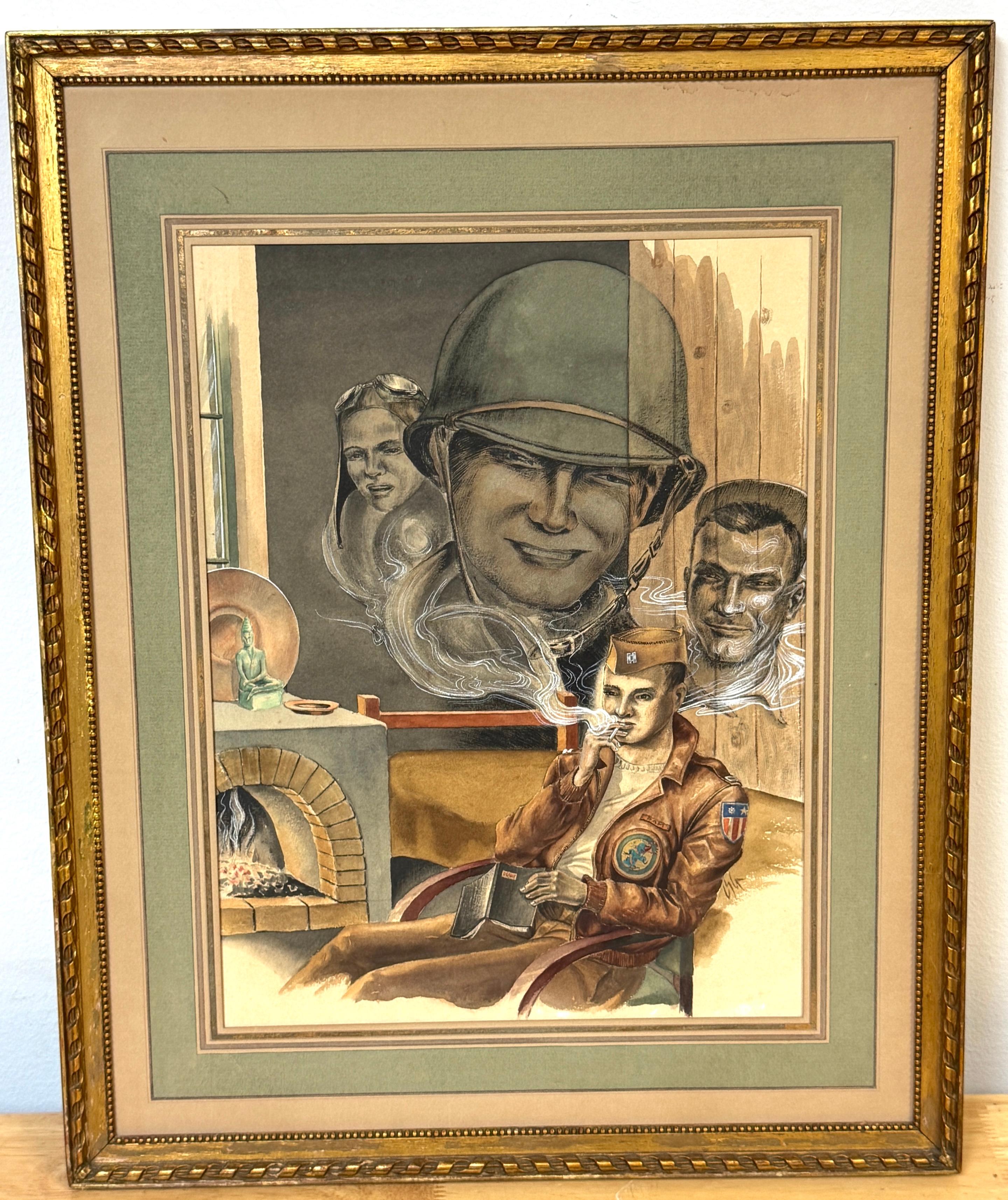 WWII how are youPrivate Theater: Schwuler amerikanischer Soldat in Reflexion, Original-Gouache aus dem Zweiten Weltkrieg, signiert CSG

Ein sehr nuanciertes, emotional geschichtetes und visuell vollendetes Originalgemälde in Gouache und Aquarell auf