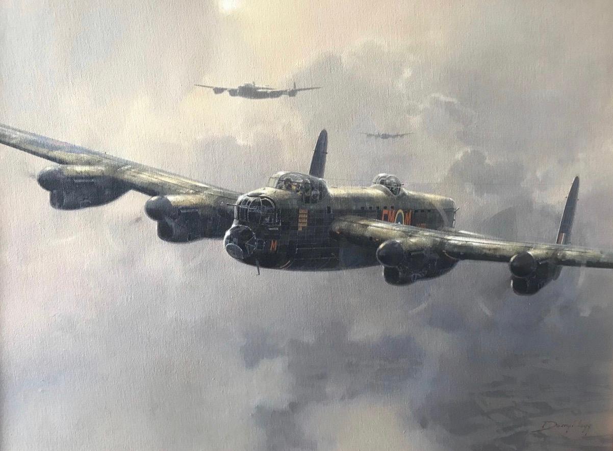 Une superbe huile sur toile représentant des bombardiers Lancaster de la RAF revenant d'une mission au-dessus de l'Allemagne pendant la Seconde Guerre mondiale. Il est d'une qualité et d'un niveau de détail exceptionnels. Par l'Artis sud-africain