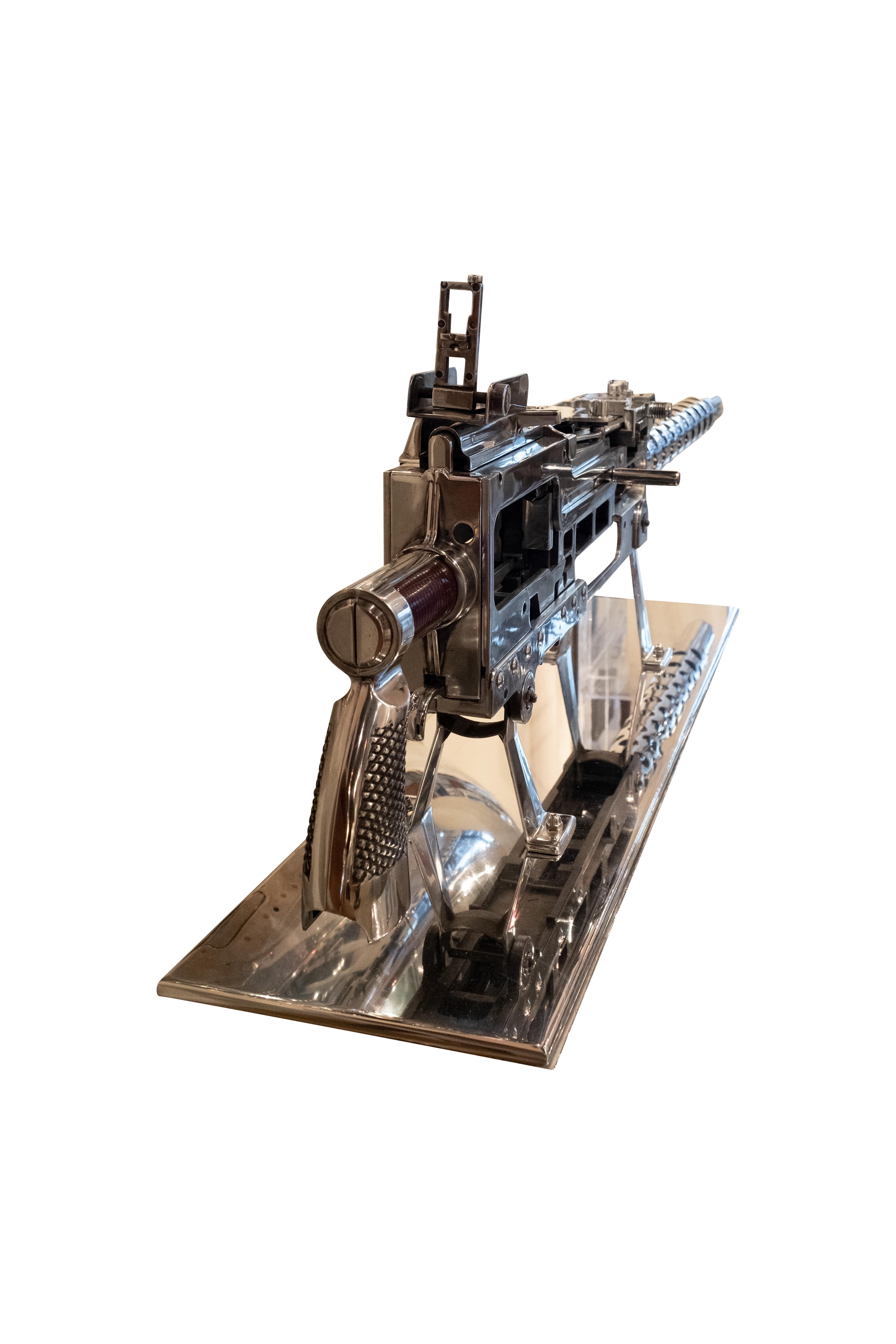 This classroom model of a browning machine gun is an enlarged reproduction of the actual weapon. It was designed for classroom demonstration and instruction. This model permitted the demonstration of the disassembly, assembly, and functioning of the