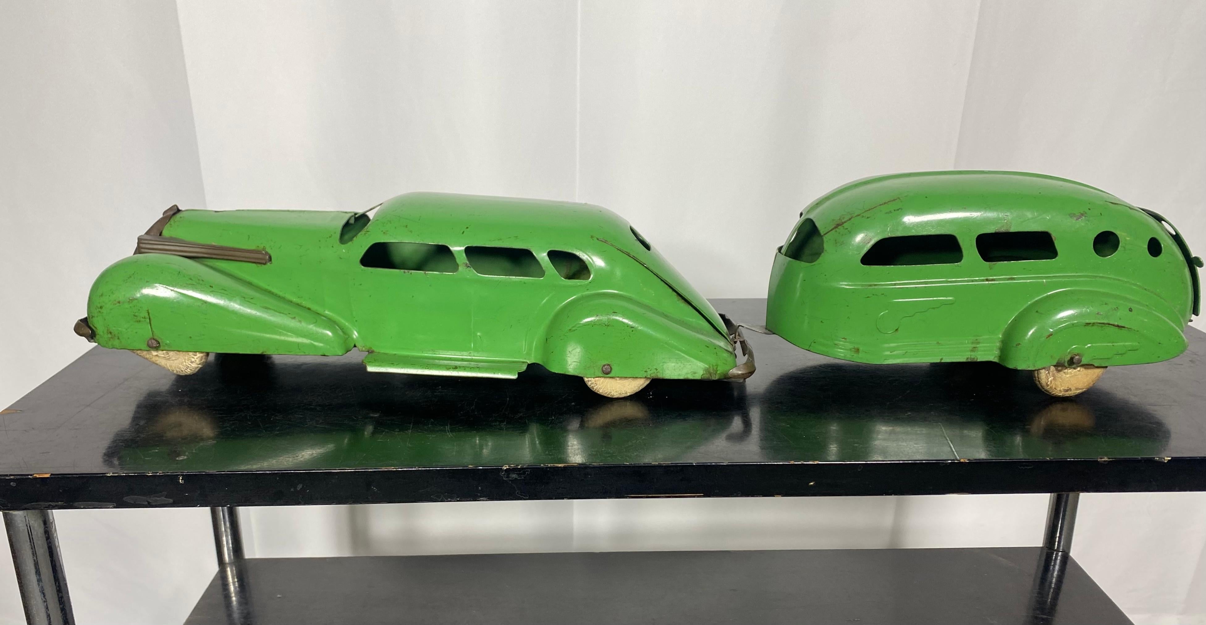 American Wyandotte Lasalle Toy Car and Airstream Trailer .pressed steel , Art Deco For Sale