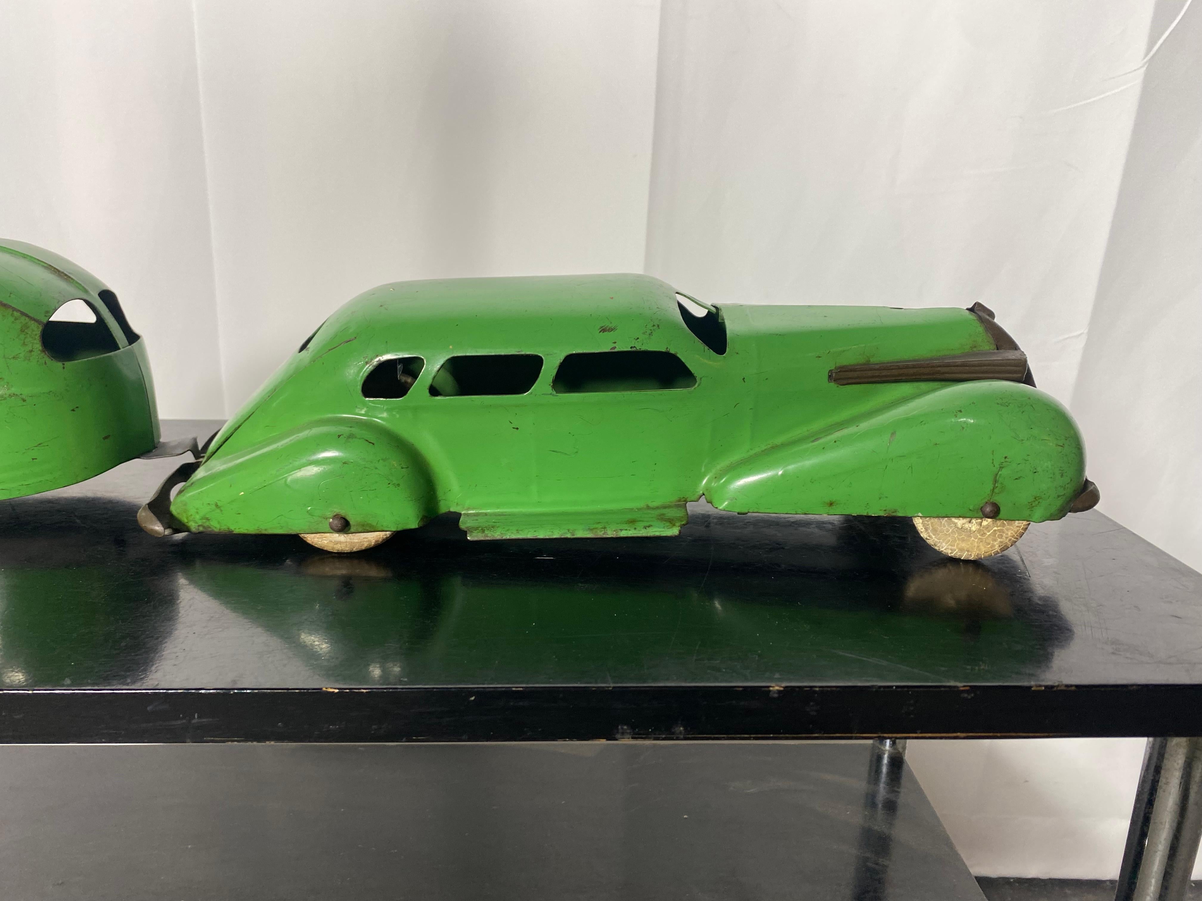 Steel Wyandotte Lasalle Toy Car and Airstream Trailer .pressed steel , Art Deco For Sale