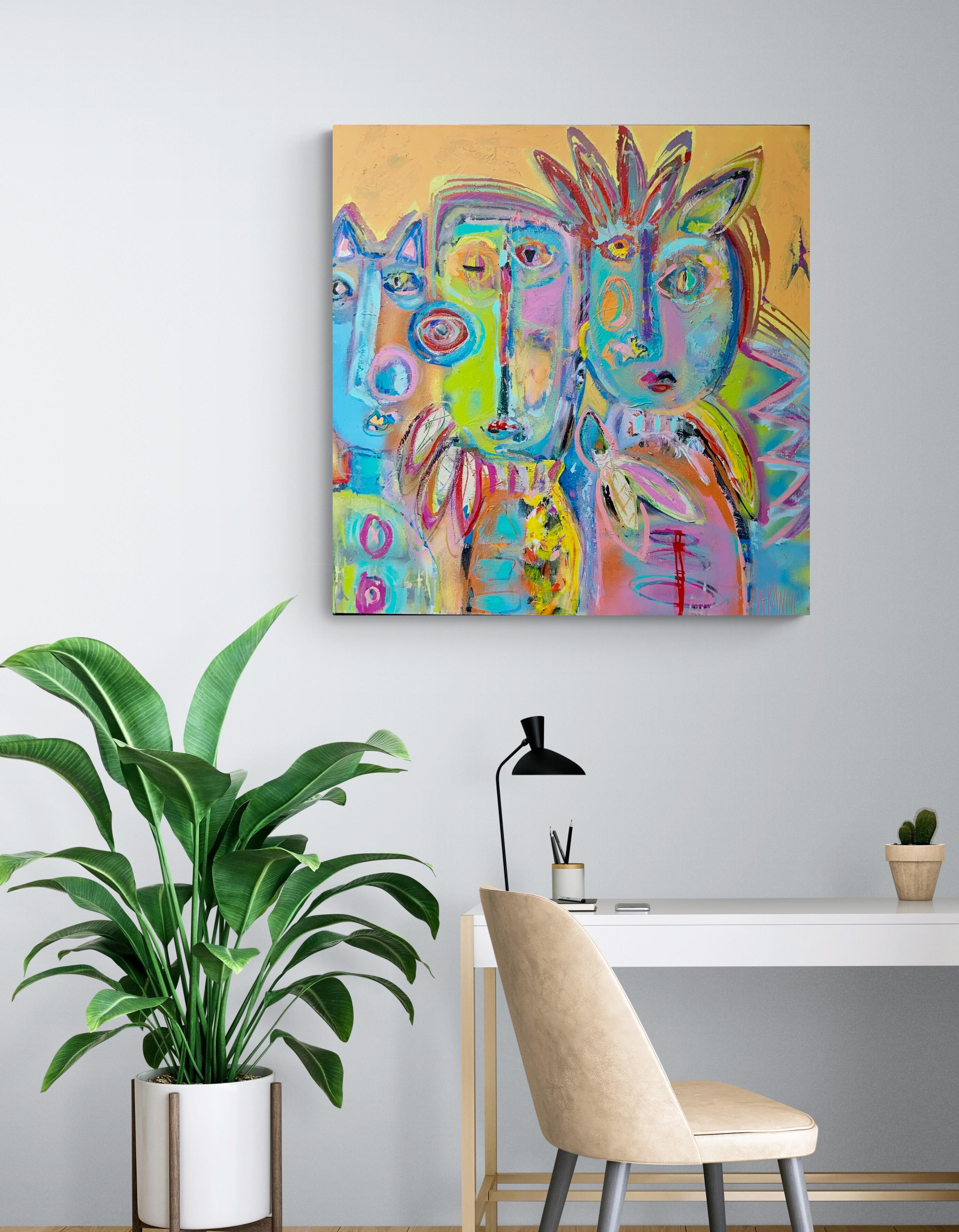 Up To No Good Gang, Original signiert Bold Contemporary Abstract Figure Painting (Braun), Abstract Painting, von Wyanne Thompson
