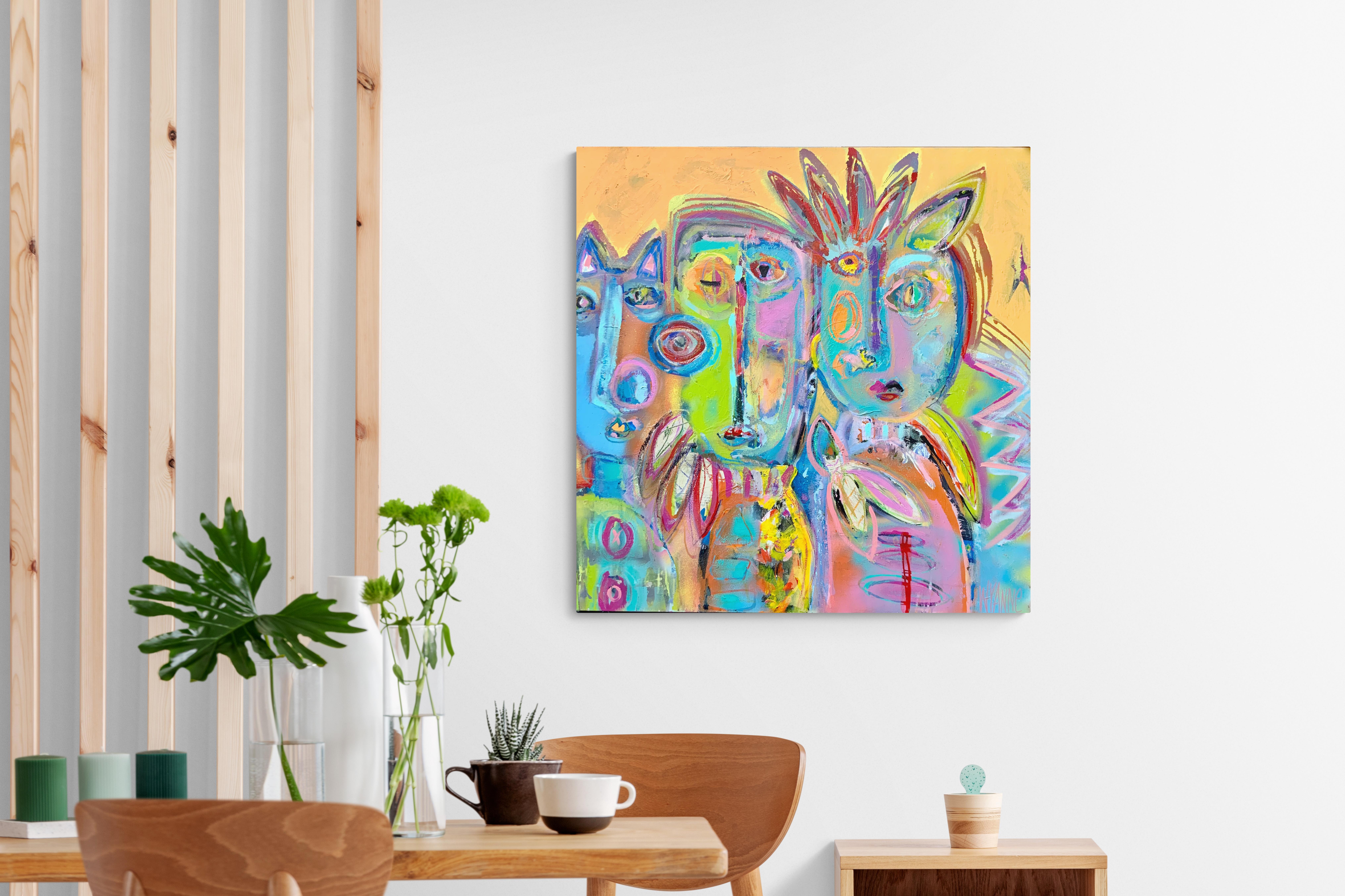 Up To No Good Gang, Original signiert Bold Contemporary Abstract Figure Painting
36x36x1 (HxBxT), Acrylfarbe

Dieses an die kubistischen Porträts von Pablo Picasso erinnernde Gemälde von Wyanne Thompson zeichnet sich durch eine kräftige Farbgebung