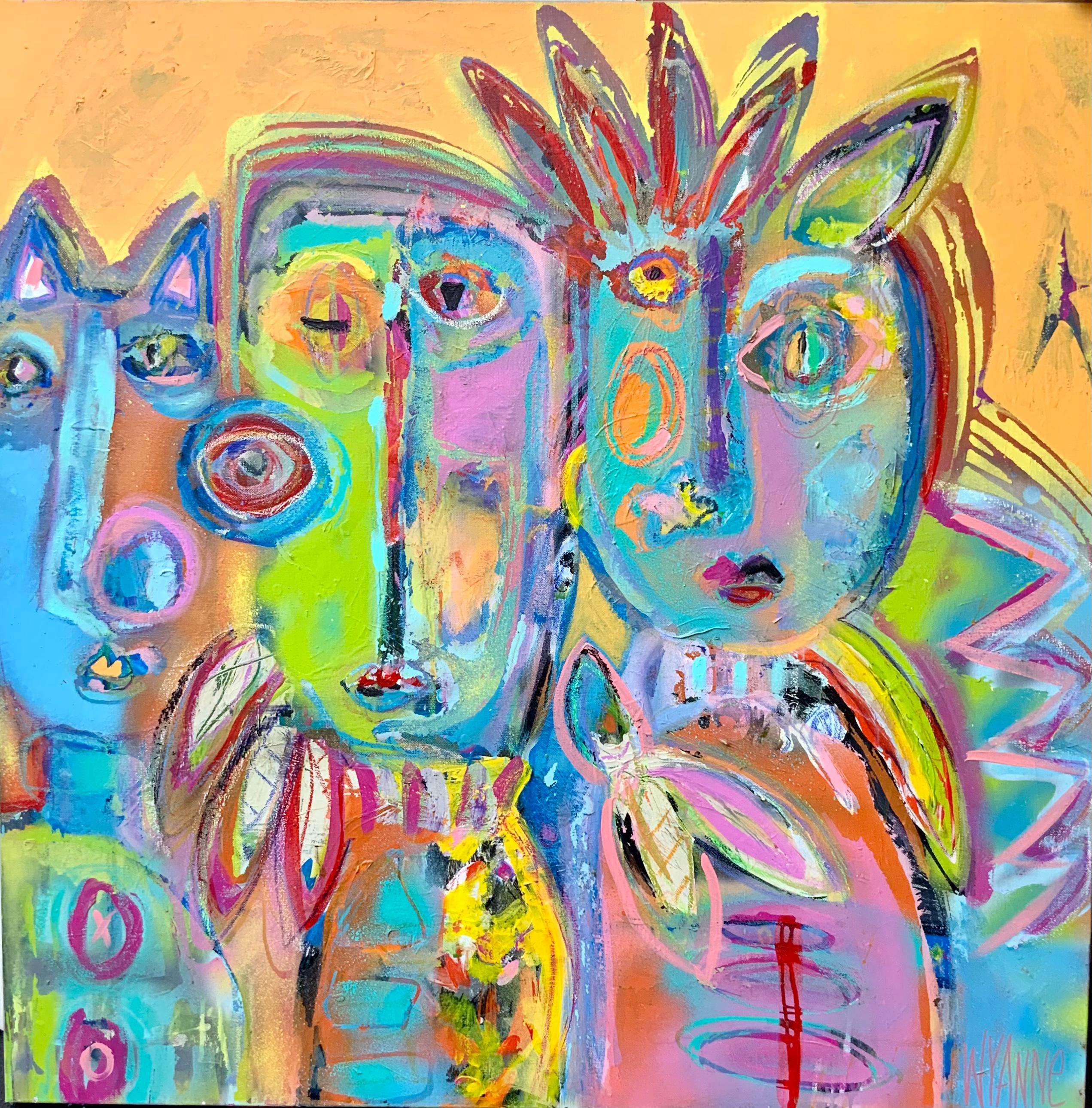 Wyanne Thompson Abstract Painting – Up To No Good Gang, Original signiert Bold Contemporary Abstract Figure Painting