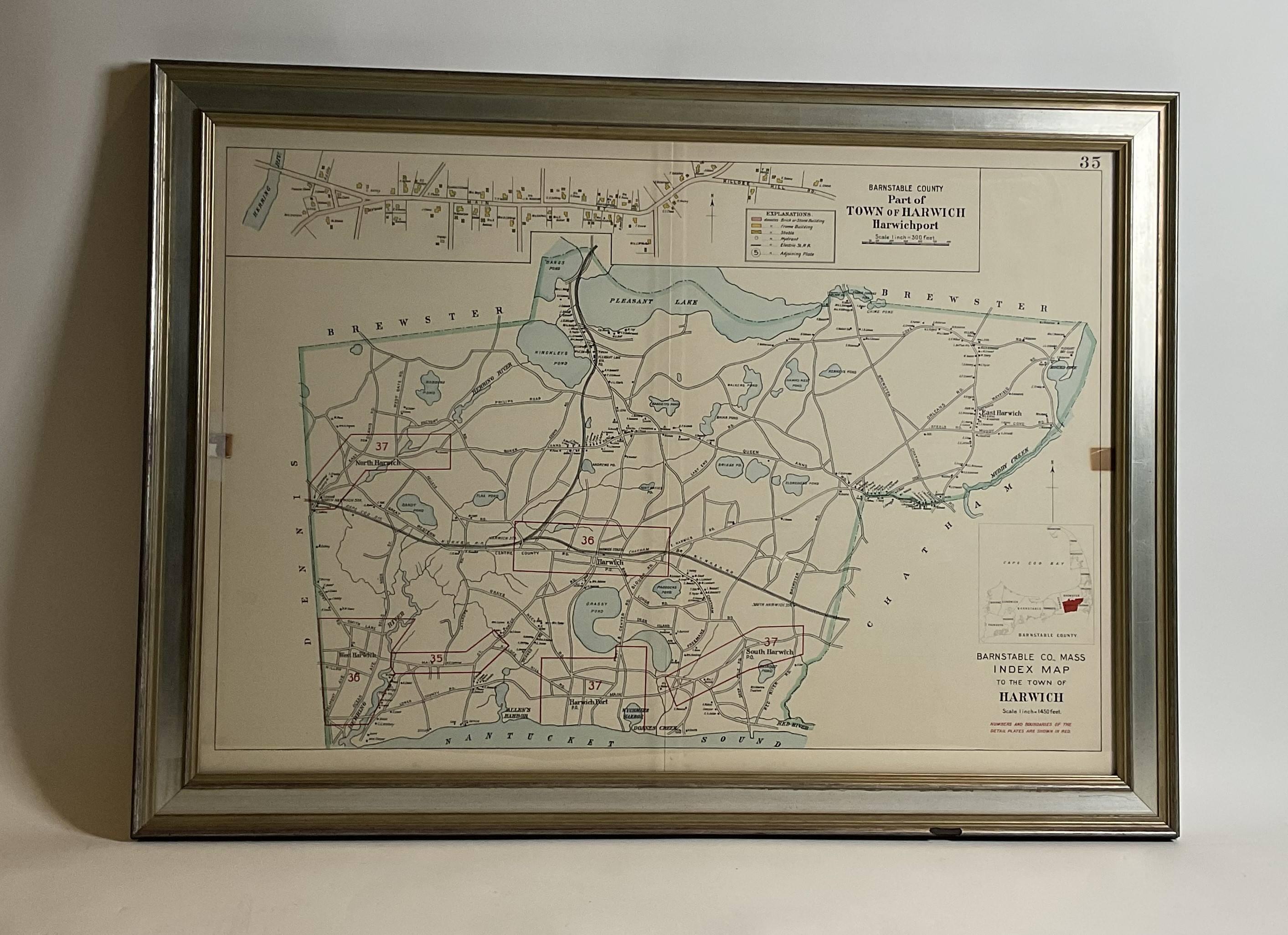 Carte de Harwich Mass montrant Wychmere Harbor, Doane's Creek, Allens Harbor, Herring River, Pleasant Lake, Grassy Pond, Paddocks Pond, Hinkleys Pond, etc. Il s'agit d'une carte originale d'époque tirée d'un atlas du comté de Barnstable 26 