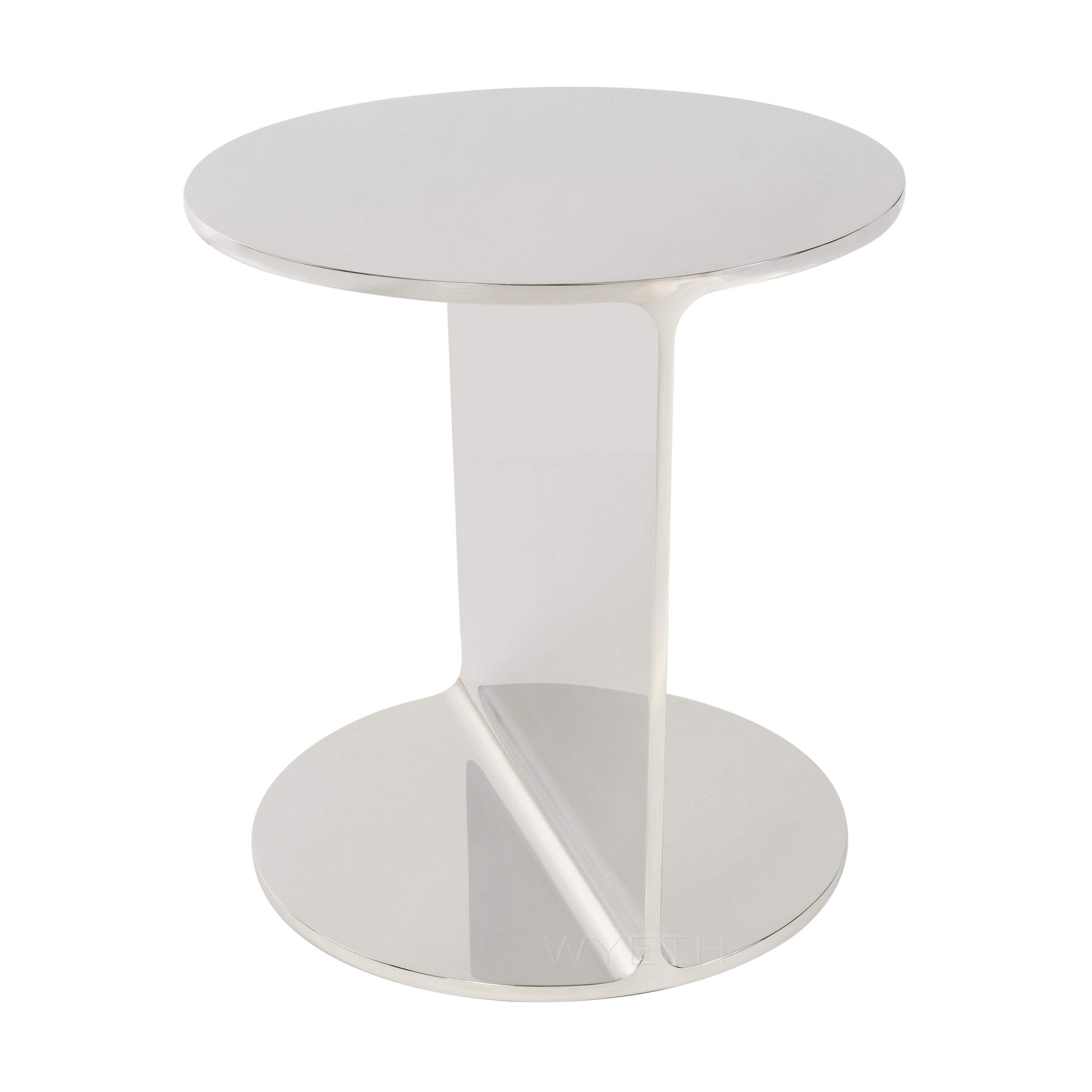 A Wyeth Original side or end table, handcrafted in solid polished stainless steel. Produced by the Wyeth workshop in NYC.