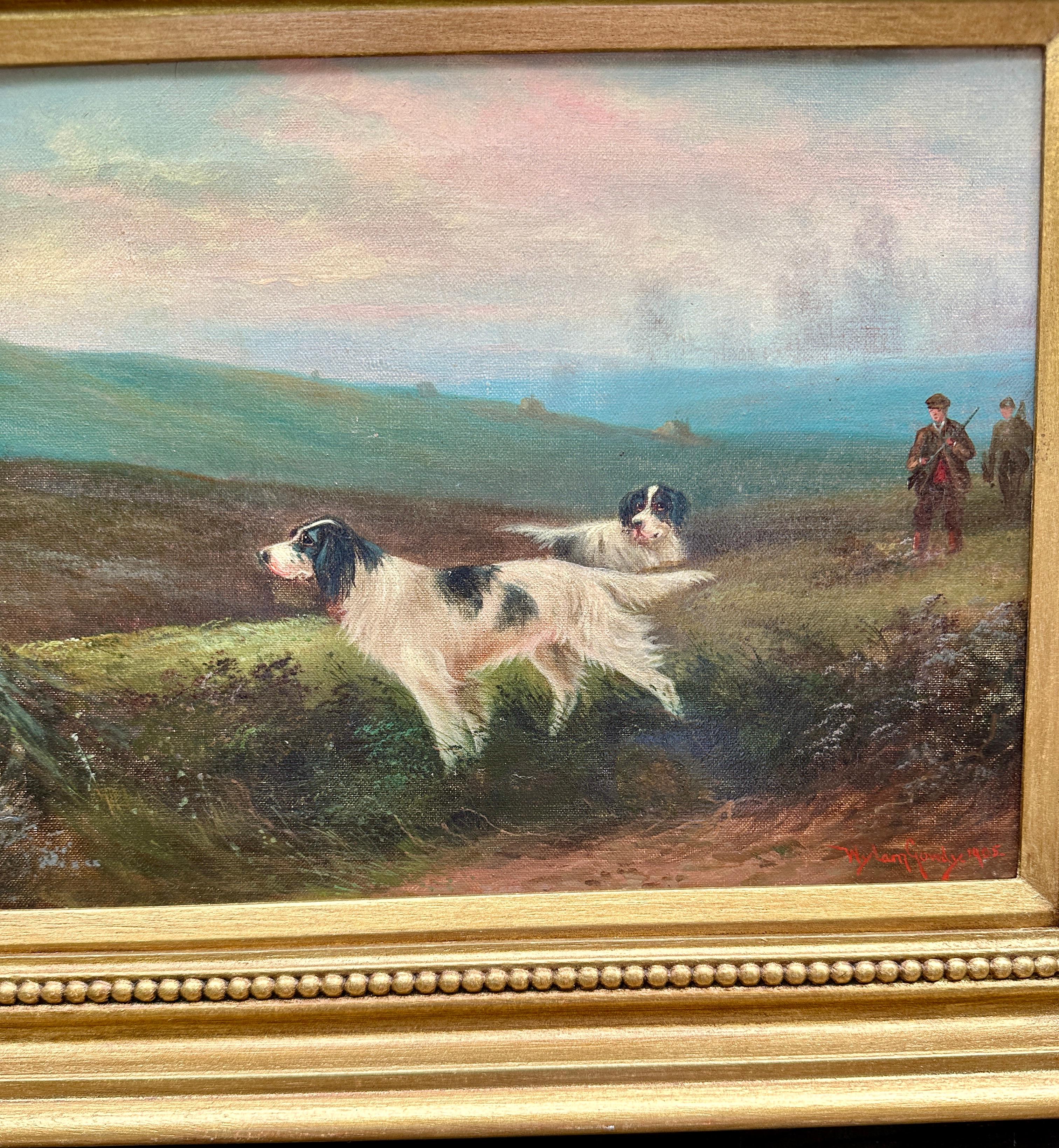 English Antique 'The last Shoot' Hund mit Jäger in Moorland – Painting von Wylam Gowdy