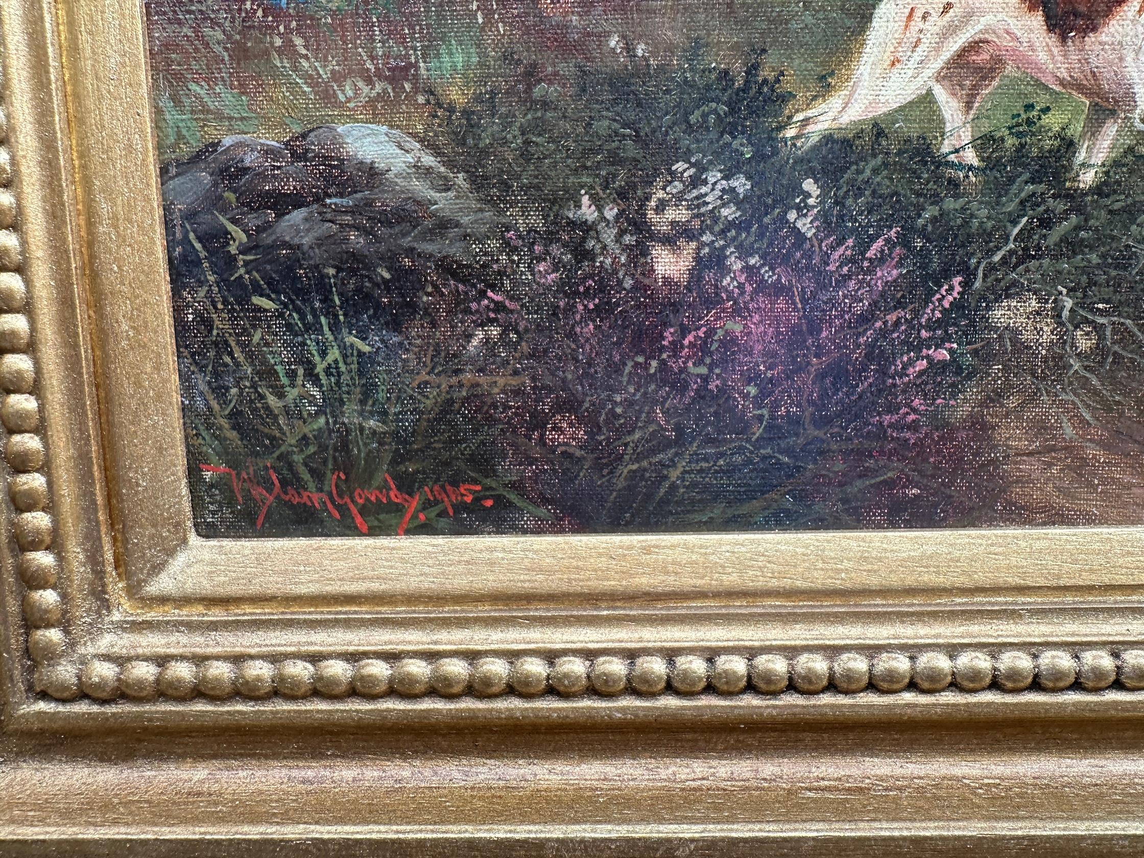 English Antique 'The last Shoot' Hund mit Jäger in Moorland (Braun), Animal Painting, von Wylam Gowdy