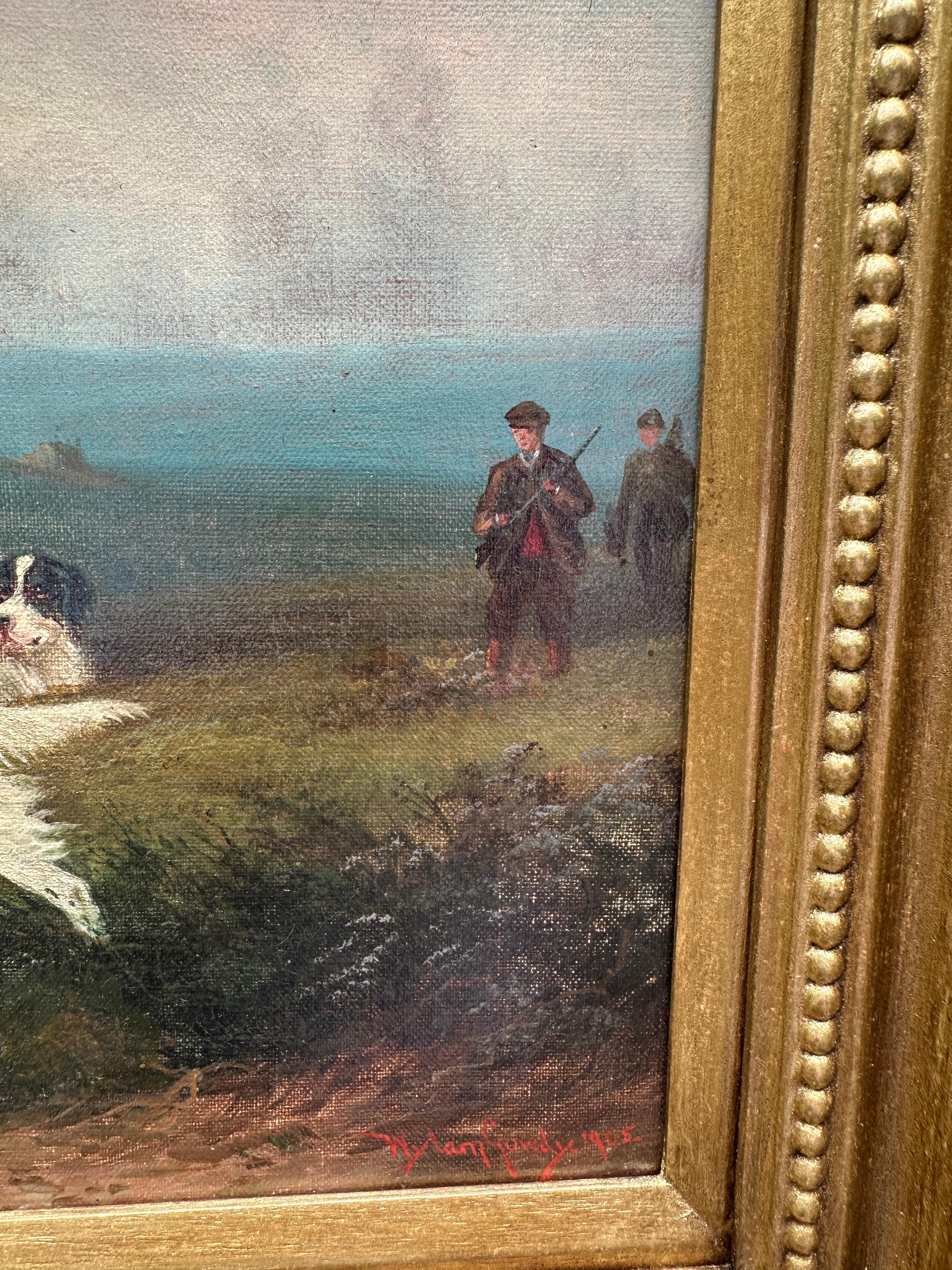 English Antique 'The last Shoot' Hund mit Jäger in Moorland (Braun), Landscape Painting, von Wylam Gowdy
