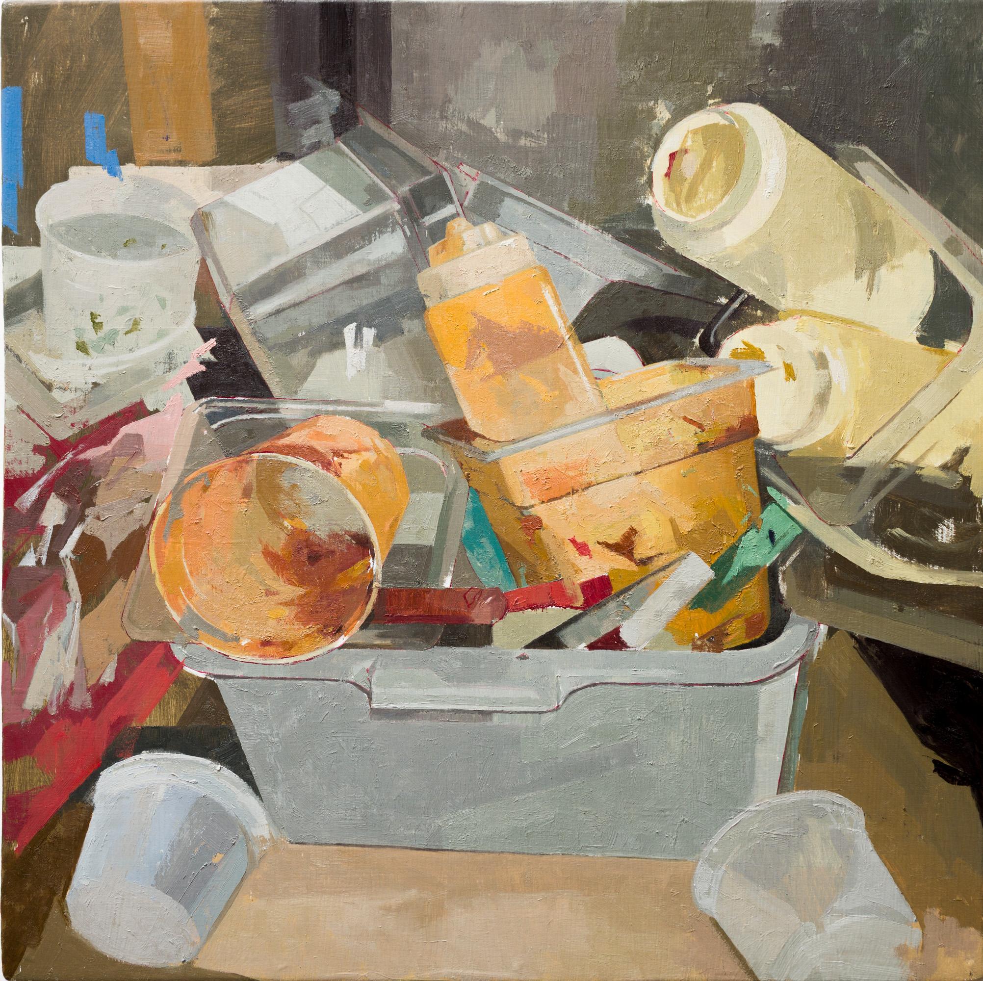 Interior Painting di Wylee Risso - "Dishpit n. 1", natura morta a olio raffigurante utensili da cucina e contenitori