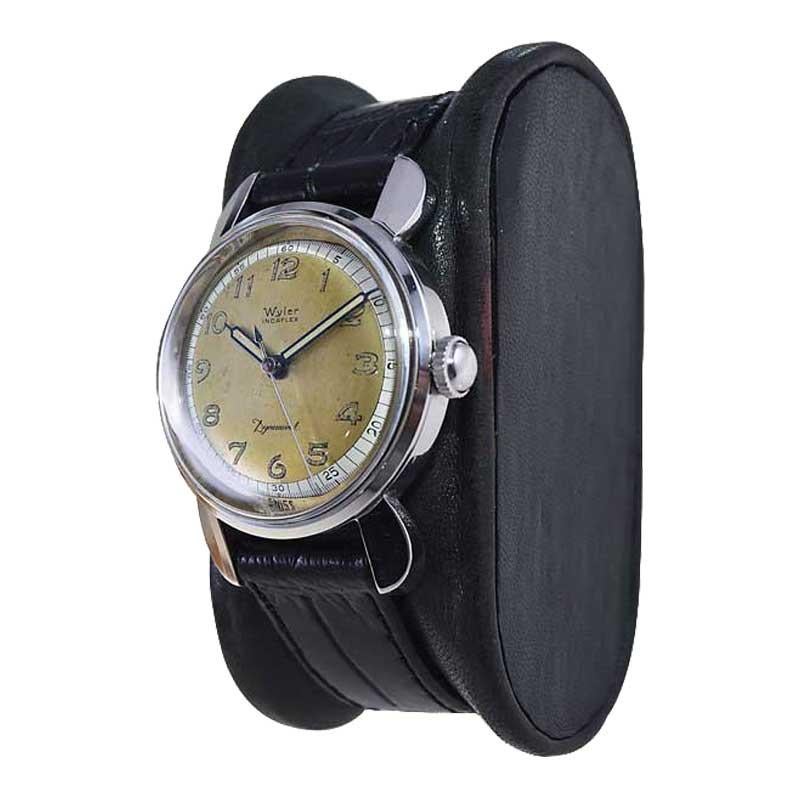 Art Deco Wyler Stainless Steel Incaflex Automaic Watch with Original Two Tone Dial 1950's For Sale