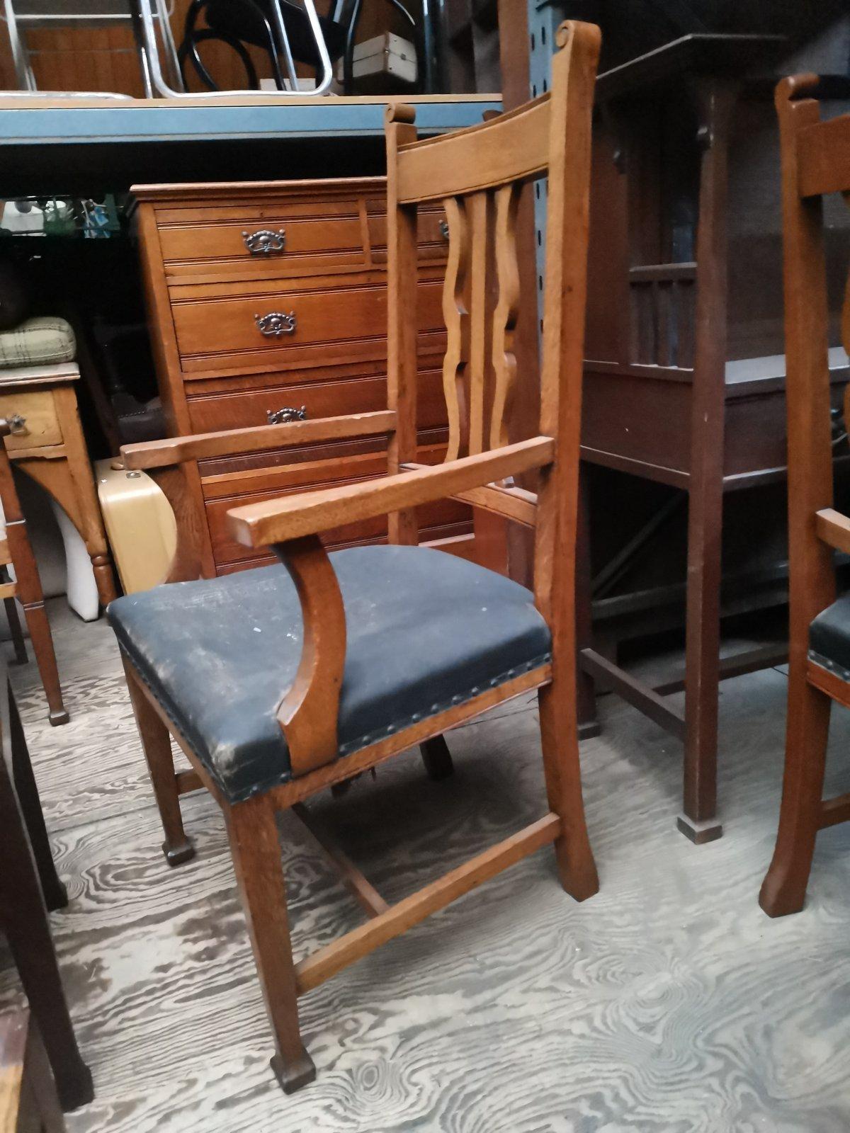 Wylie And Lochhead of Glasgow Scotland.
A good quality solid set of five English Arts & Crafts oak dining chairs consisting of one armchair and four single dining chairs.
Illustrated in the Wylie and Lochhead catalog of 1901. Last two