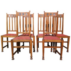 Wylie & Lochhead, Set of Six Arts & Crafts Oak Dining Chairs with Pewter Inlays
