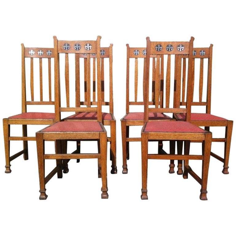 Oak Dining Chairs With Pewter Inlays, Oak Kitchen Chairs With Arms
