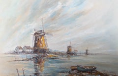 Wyn Appleford (1932-2016) - Huile du 20e siècle, Vue de village avec moulins à vent