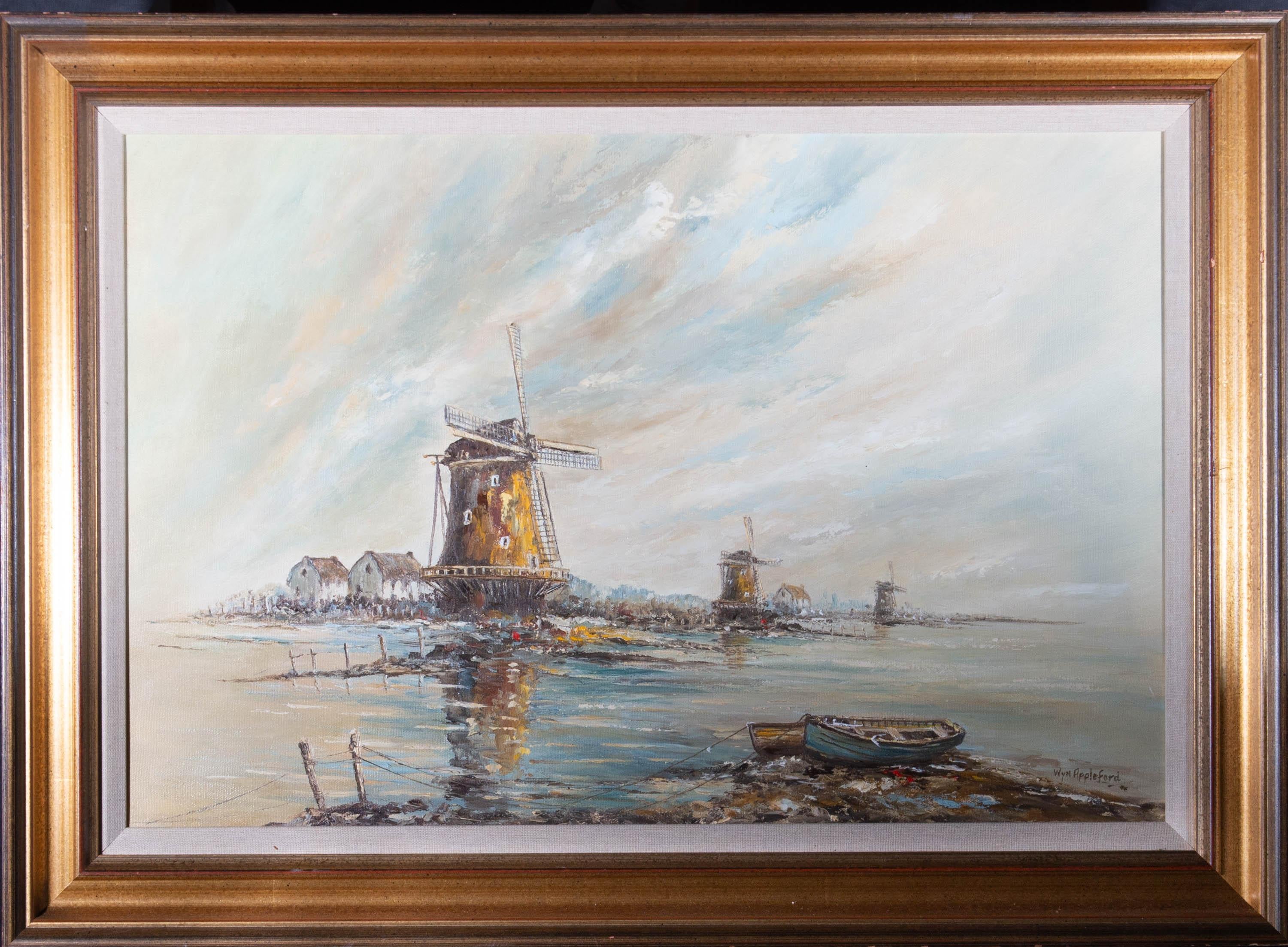 An atmospheric oil painting by the artist Wyn Appleford, depicting a village scene with three windmills and two small boats. Well-presented in a fabric slip and in a distressed, gilt effect frame. On canvas on stretchers.
