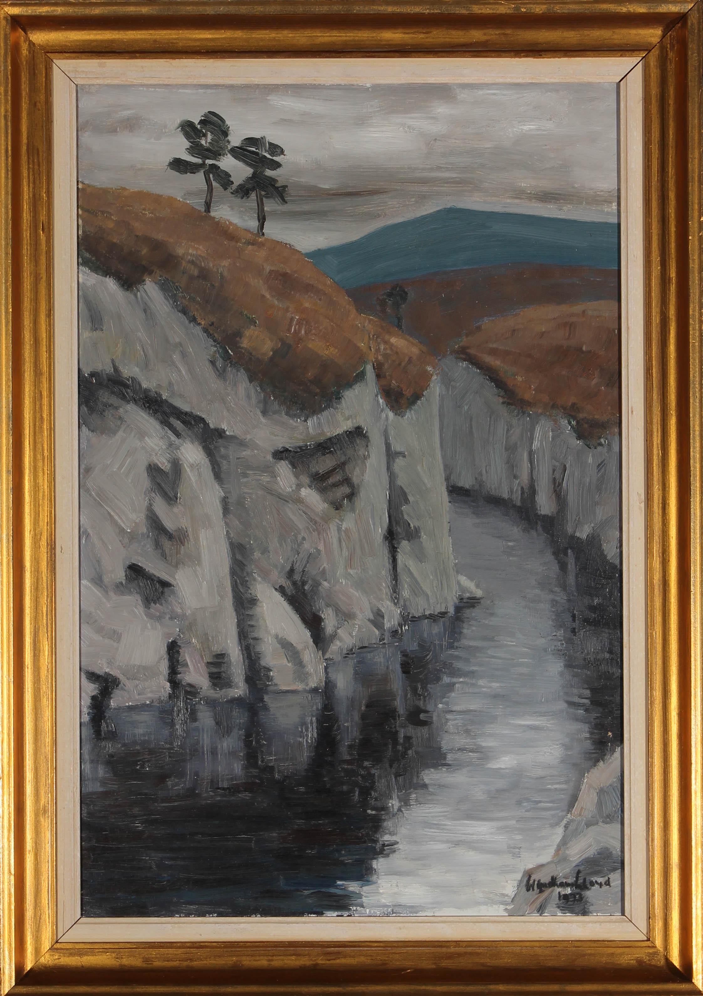 An atmospheric oil painting depicting a trailing river gorge with steep rocky walls. The artist has captured the harshness of the landscape with busy impressionistic brushstrokes. Signed and dated to the lower right. The painting is well presented