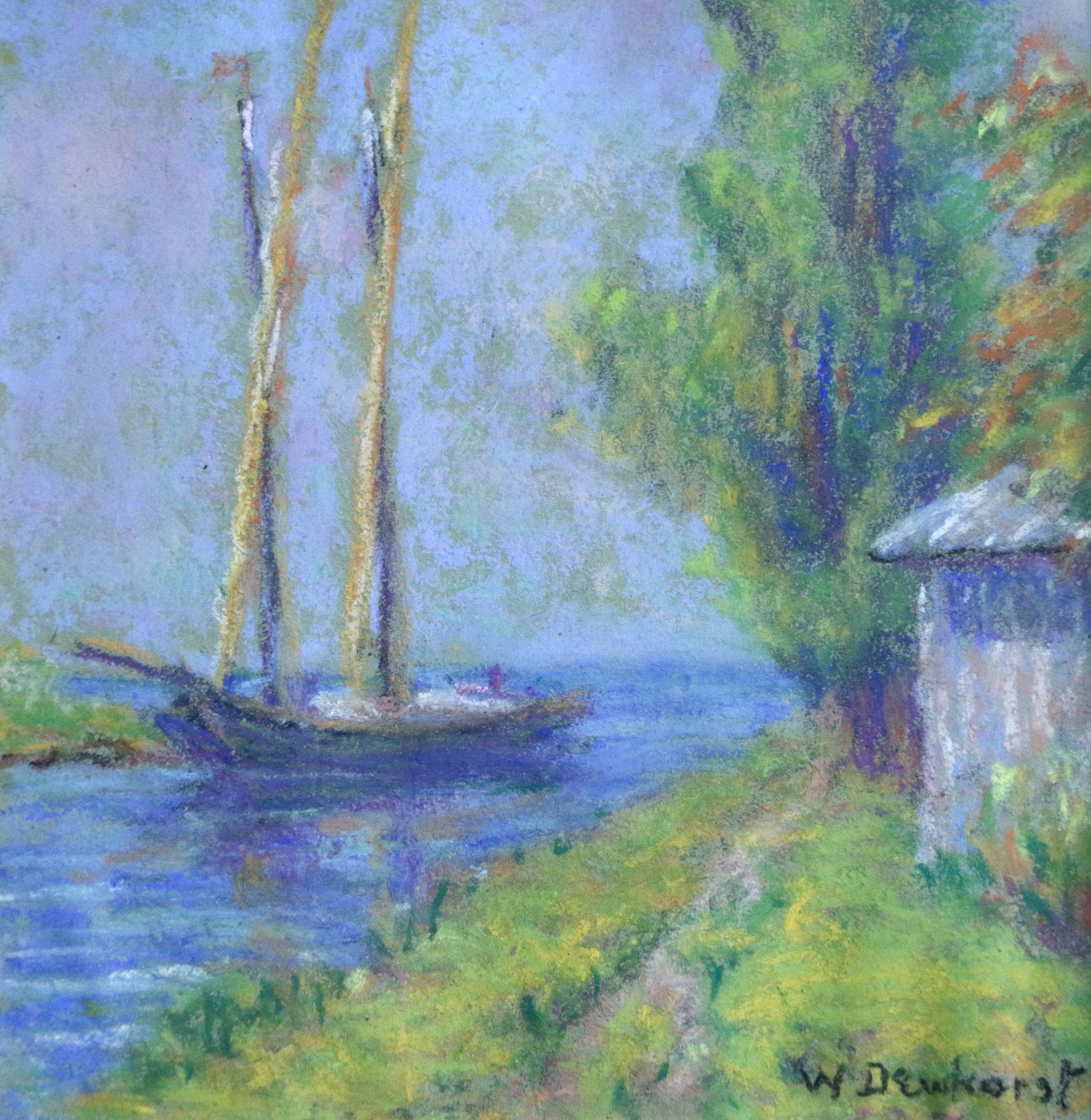 Boat on a Canal - Early 20th Century, French, Pastel Riverscape by W Dewhurst - Painting by Wynford Dewhurst