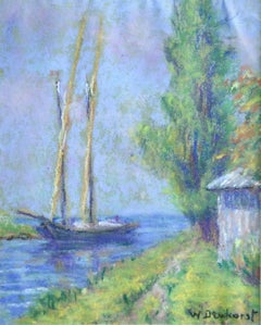 Boat sur un canal - Début du 20e siècle, français, paysage fluvial pastel par W Dewhurst