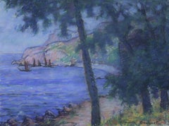 Boats on the Coast - Paysage côtier pastel français du 20e siècle par W Dewhurst